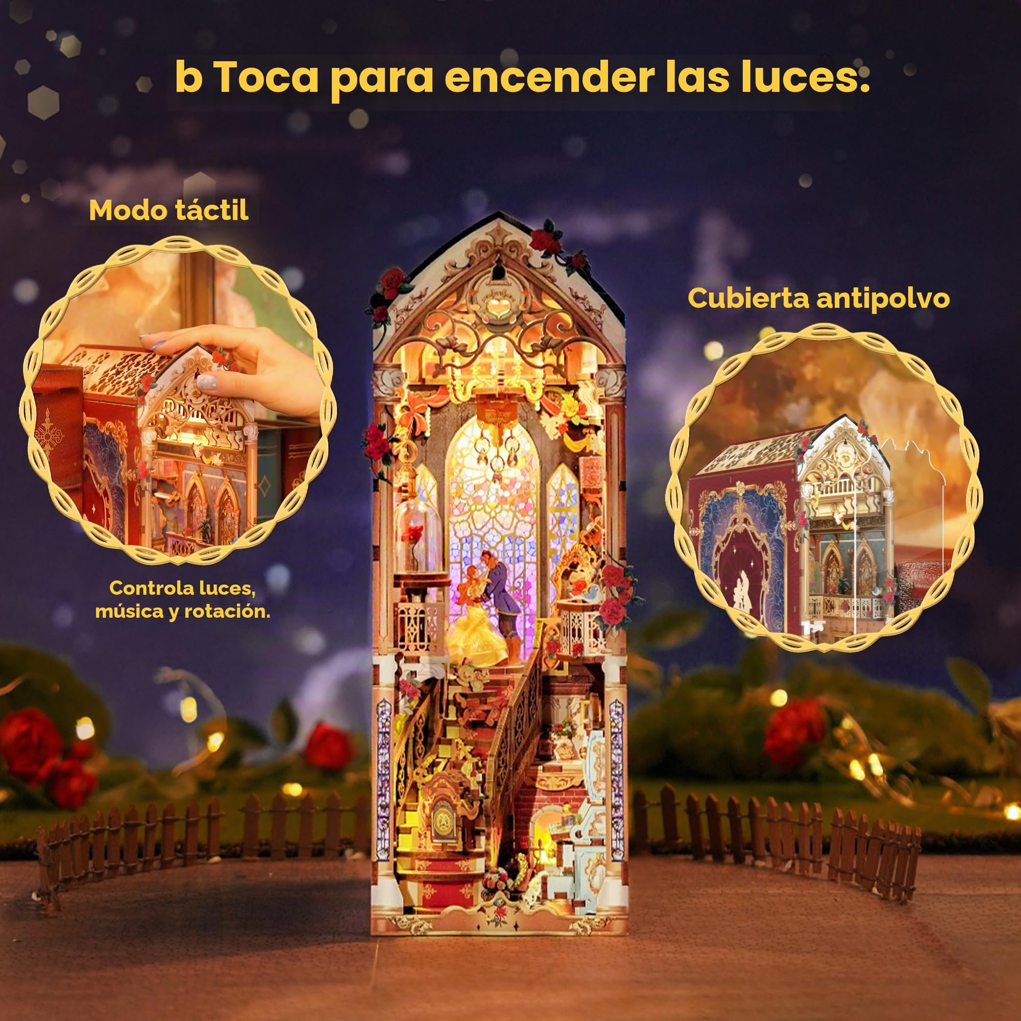 Tonecheer Kit de rincón de Libros para Adultos, Rompecabezas de Madera 3D para sujetalibros, Casa en Miniatura con Luces LED (Bestia y Belleza)