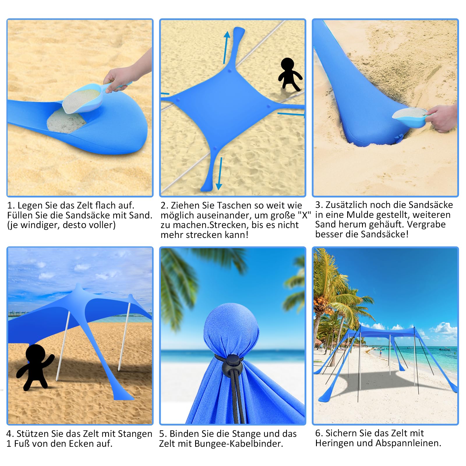 Riggo Namiot plażowy, żagiel przeciwsłoneczny, 3x3 m, LSF 50+, ochrona przed wiatrem i słońcem, z łopatką do piasku, śledziami i drążkami stabilnymi, do wędkowania, kemping