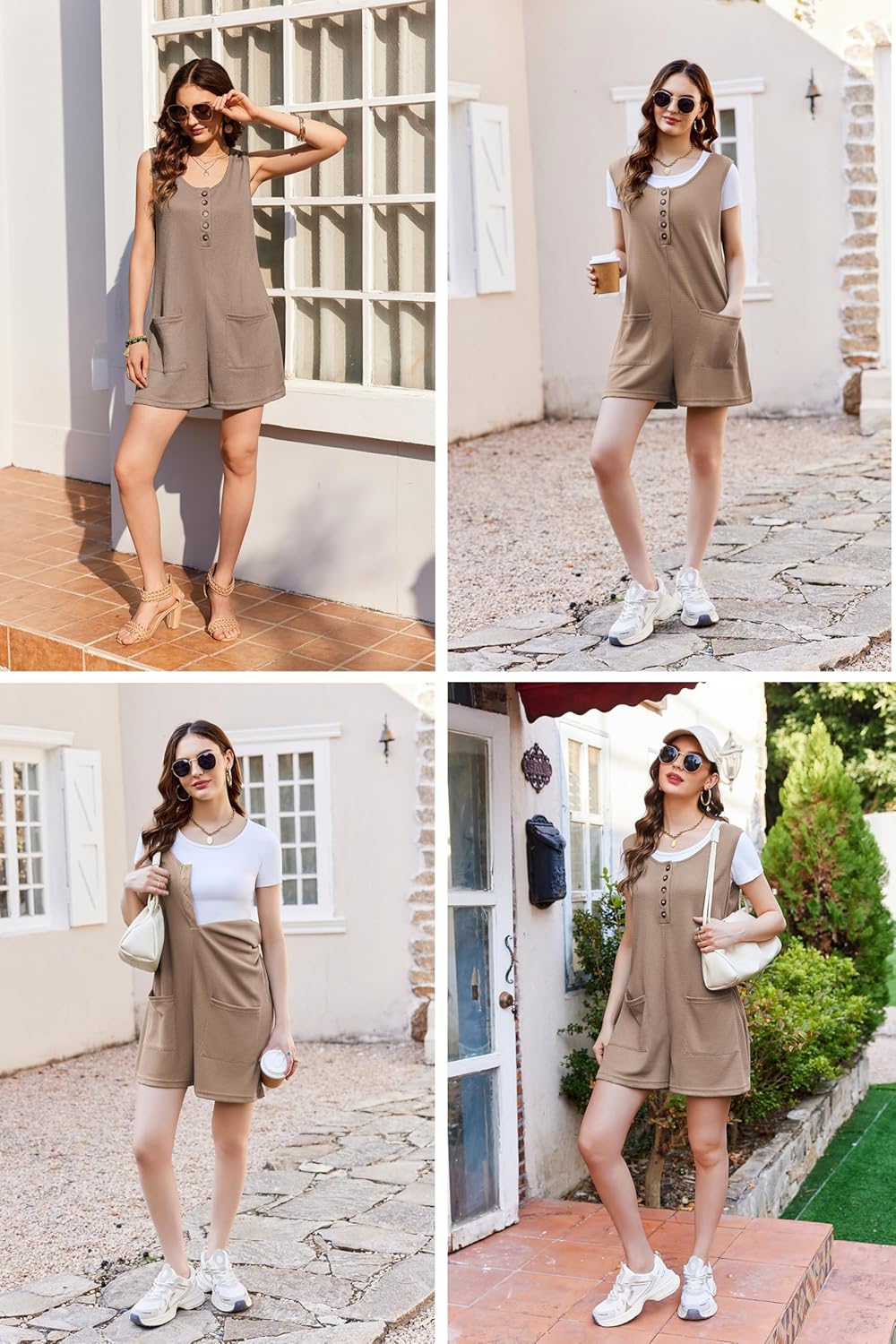 Ekouaer Women Rompers Summer Casual Overalls Shorts Waffle Loose Jumpsuit with Pockets 2025 Beach Outfits Vacation Clothes Khaki L - Image 3