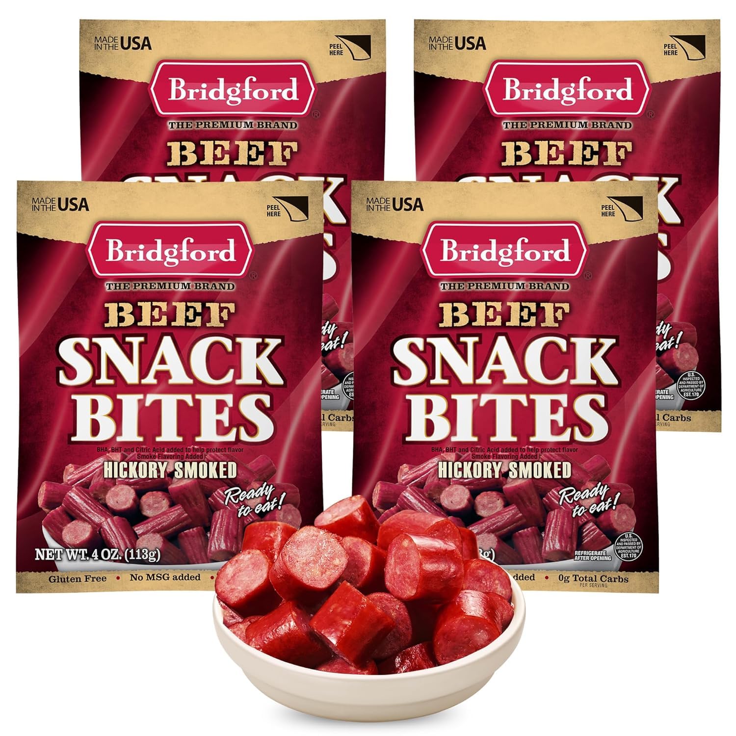 Bridgford Beef Snack Bites 4 oz Pack of 4 - Ready-to-Eat Snacks for On-The-Go Snacking - Gluten-Free Zero Carbs Meat Snacks for Adults - Keto Beef