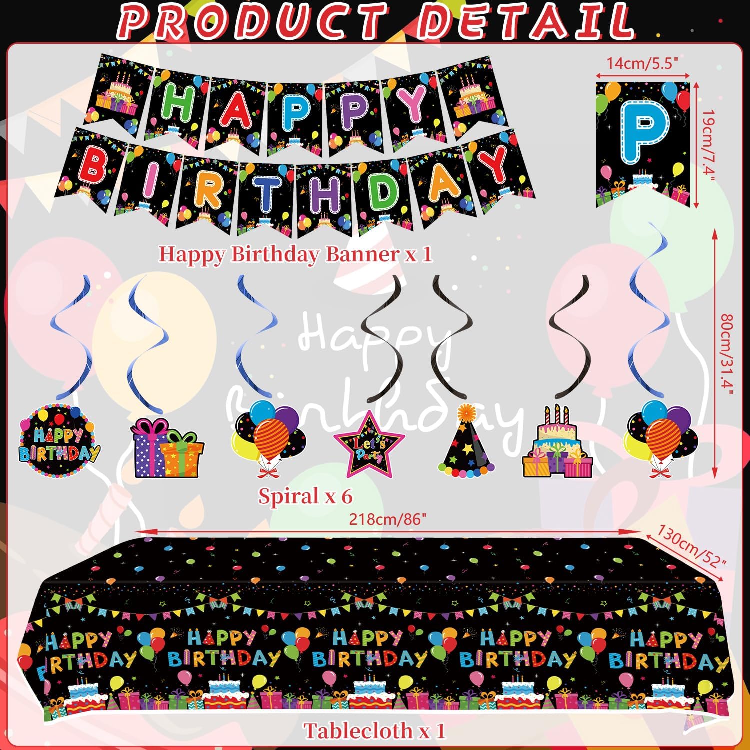 Colorful Black Party Decorations - Black and Colourful Party Supplies including Banner, Plate, Cake Topper, Cup, Napkin, Balloon, Tablecloth - Serves 20