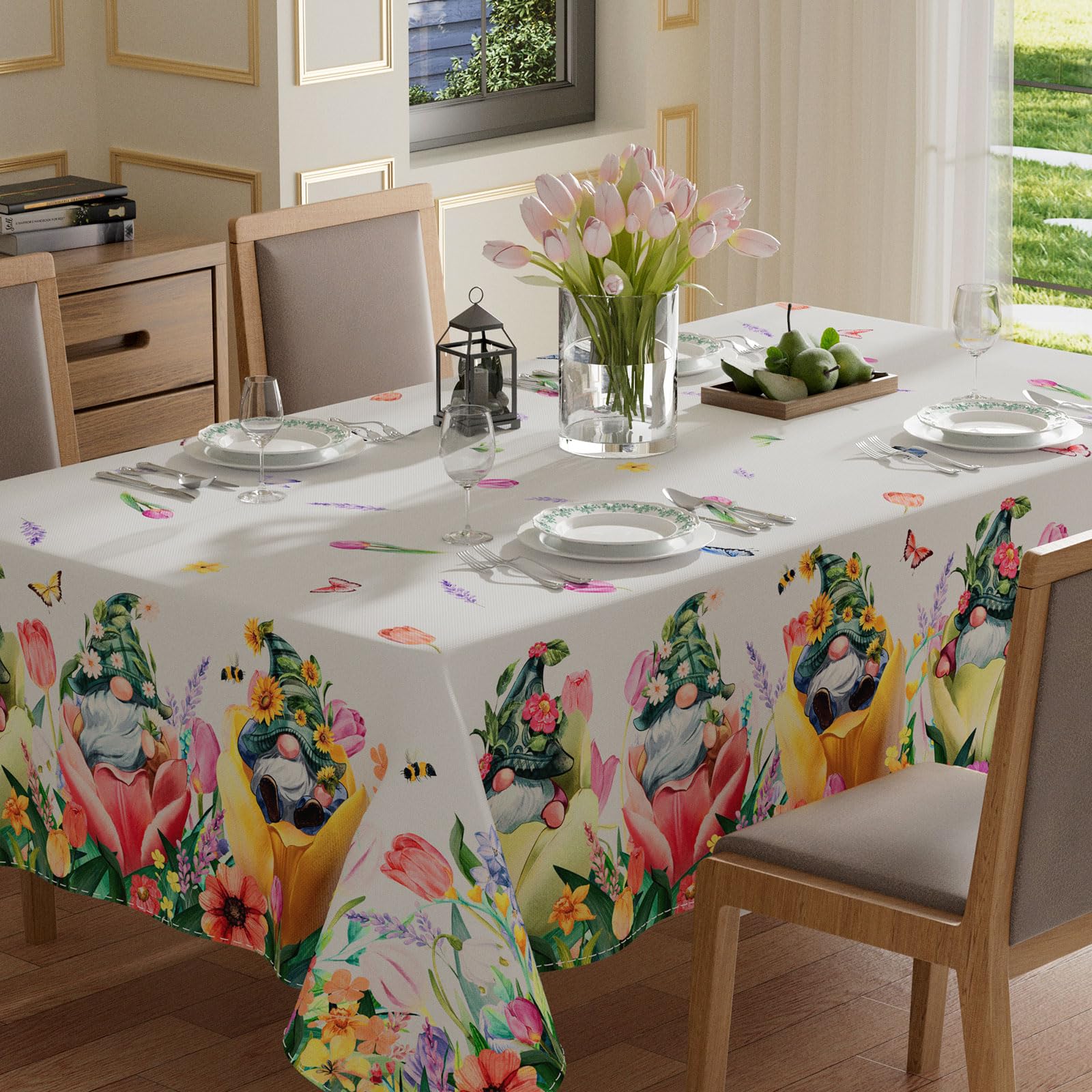 XCHI Tulips Gnomes Flowers Spring Tablecloth Rectangle Summer Table Cloth Washable Table Covers for Indoor Dining Home Party Decorations 60x104 Inch