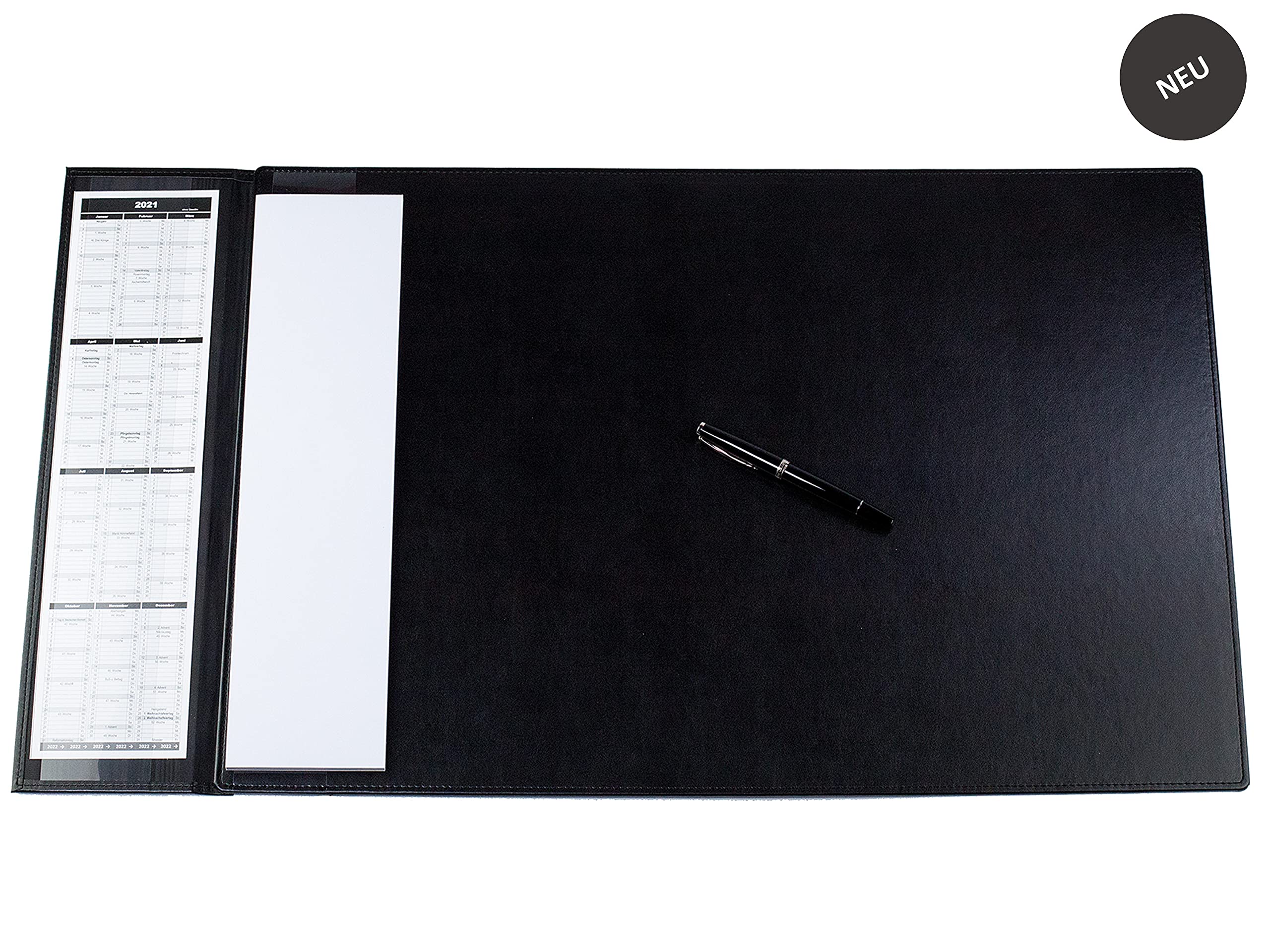 DELMON VARONE - personalisierbare Schreibtischunterlage mit Klappleiste 65 x 45 cm inkl. Block & Kalender 2026/2027 Lederimitiat Schwarz - Rutschfeste Kunstleder Schreibunterlage abwischbar