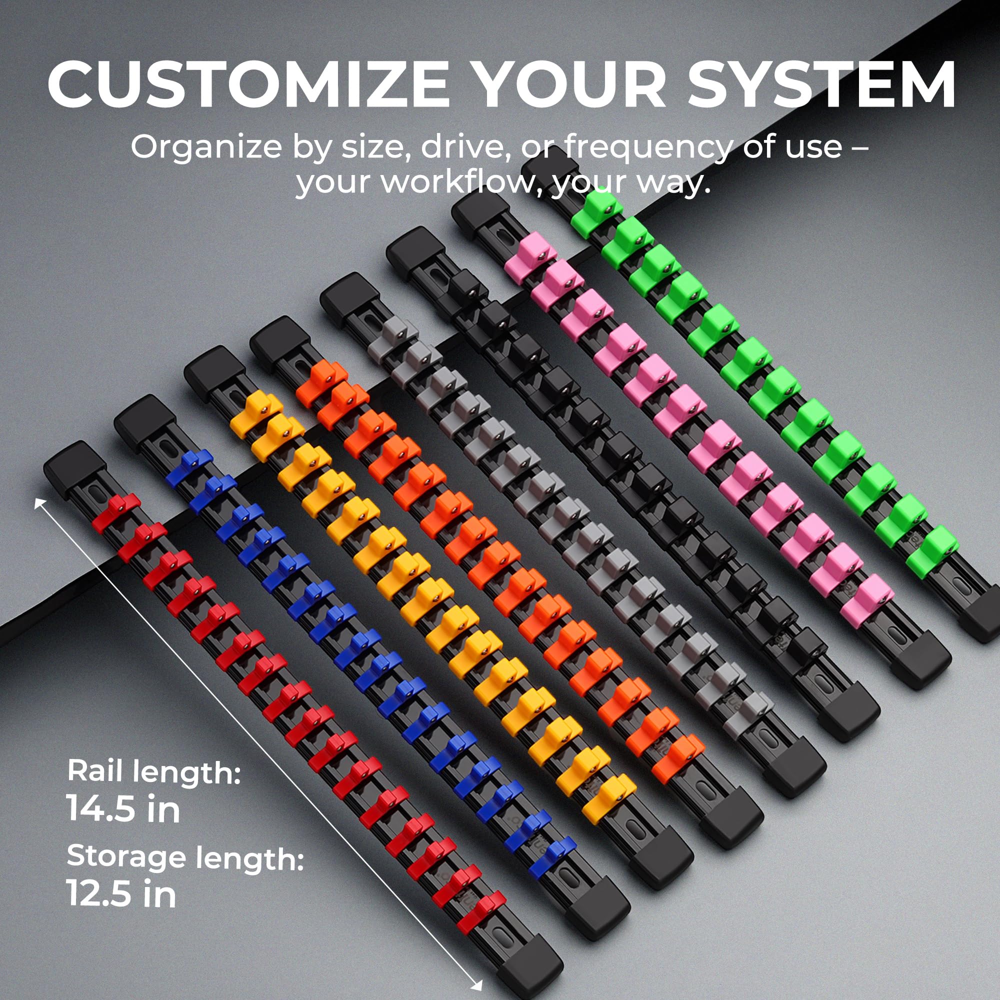 Reniteco Organizer do gniazd, napęd ABS - uchwyt gniazda, jakość premium 9-częściowy zestaw uchwytów do gniazd 1/4 cala x 48 klipsów, 3/8 cala x 45 klipsów, 1/2 cala x 36 klipsów