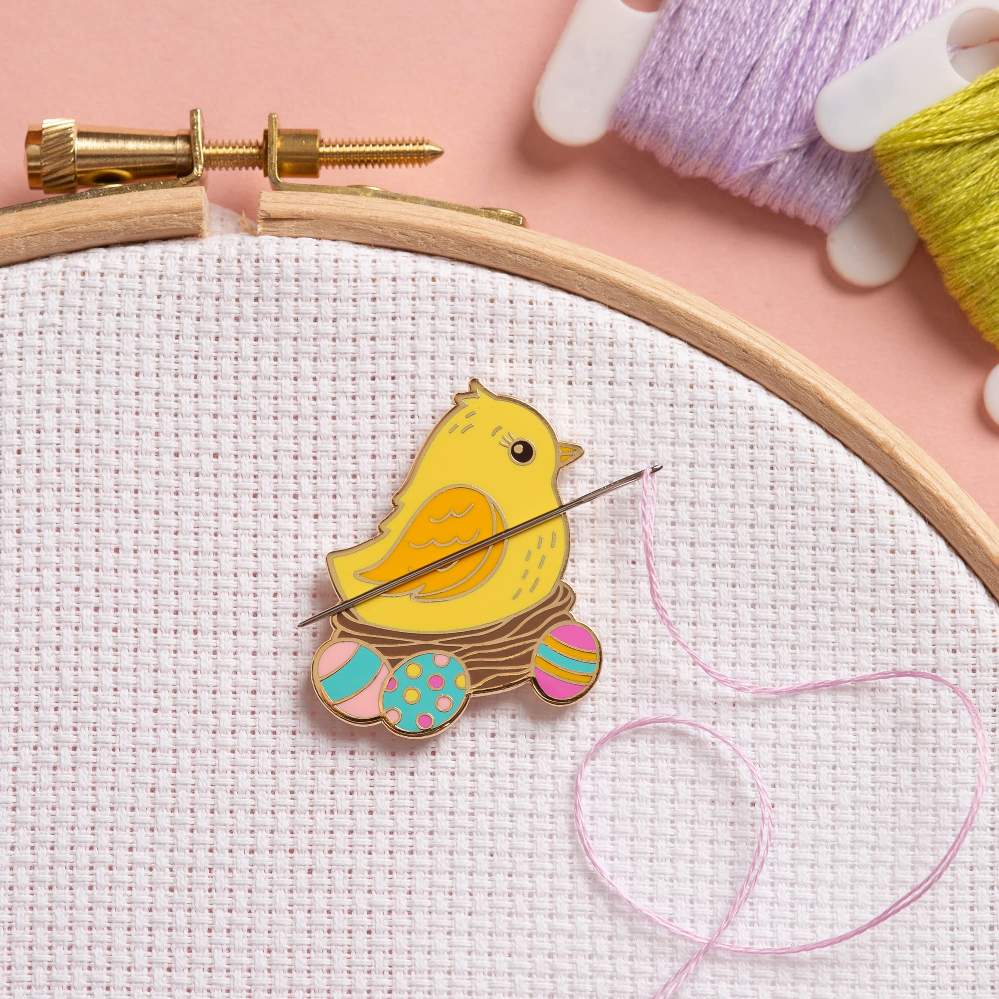 Caterpillar Cross Stitch Pink Needle Minder - Chick For Cross Stitch, Sewing, Embroidery And Needlework Accessories, Enamel And Magnetic