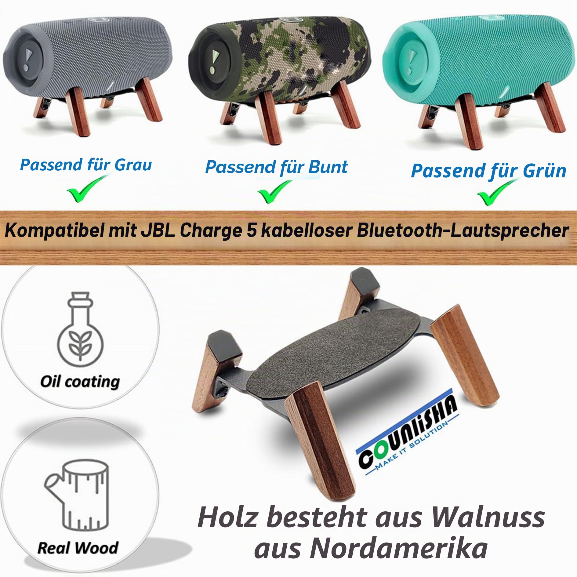 Ständer Echtholz Kompatibel mit JBL Charge 5 6 Tragbarer Lautsprecher Stativ, Stabiler Ständer Aus robustem Holz Verwendet Für Charge 4 3 Flip 6 5 4 (Walnuss)