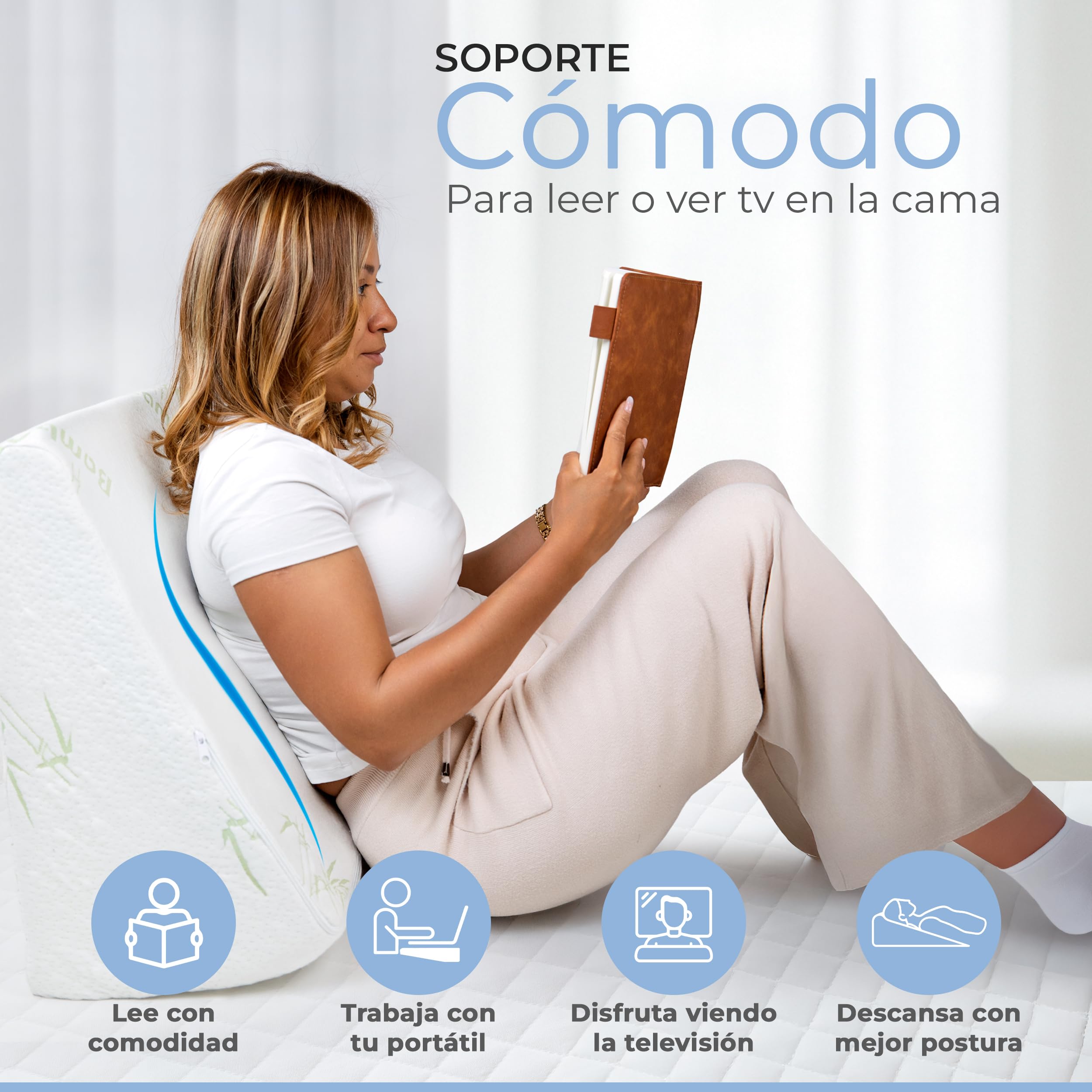 Restwell® Almohada Cuña Ergonómica 60 cm de Ancho | Cojin Respaldo para Leer Ver TV o Trabajar con Portátil en Cama y Sofá | Soporte Cómodo de Espalda | Viscoelástica Transpirable | 2 Fundas Incluidas