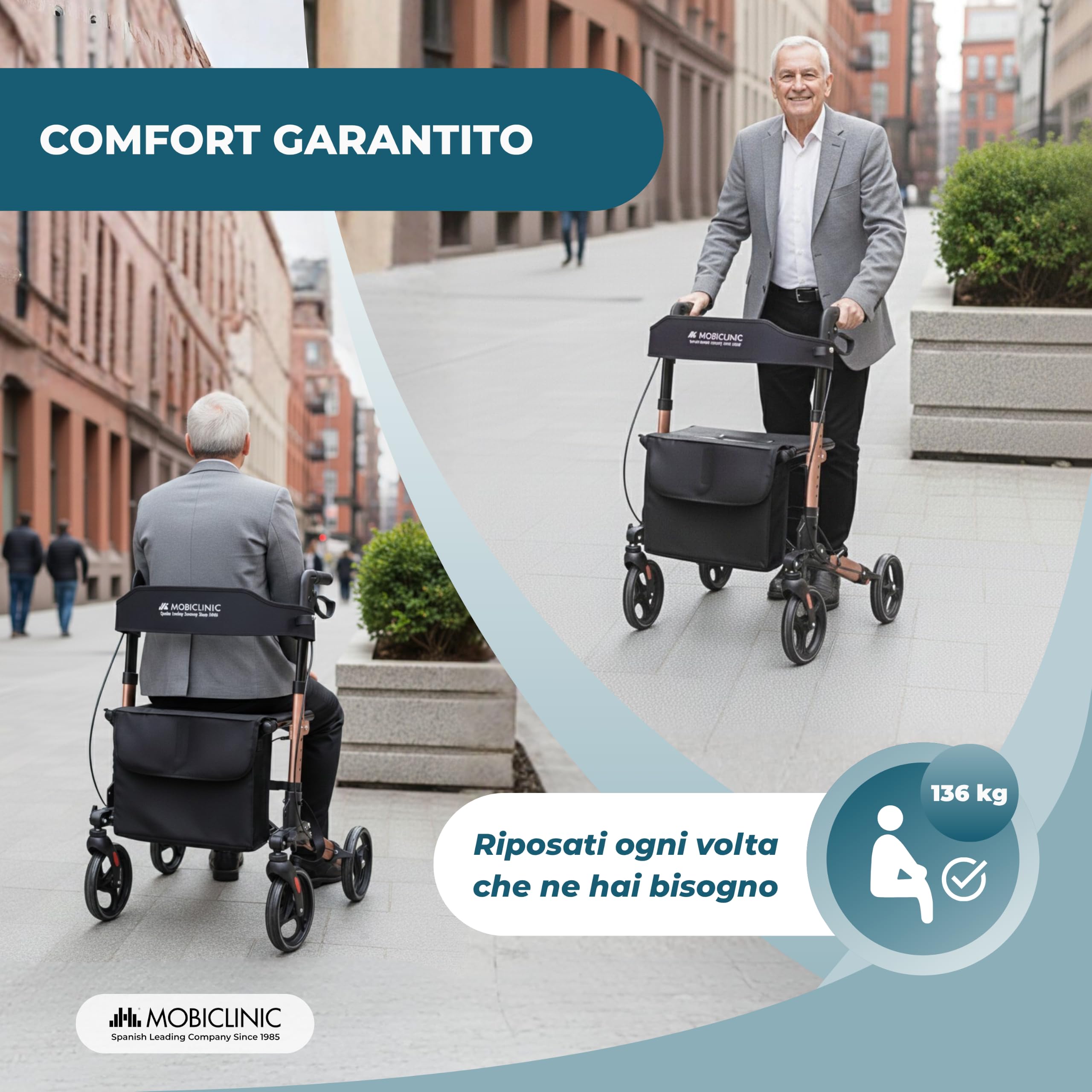 Mobiclinic®, Deambulatore Pieghevole, Seduta e Schienale, Fino a 136 kg, Oro Rosa, Altezza Regolabile, Cestino Portaoggetti, Porta Bastone, Freni e Blocco di Sicurezza, Alluminio, Trajano