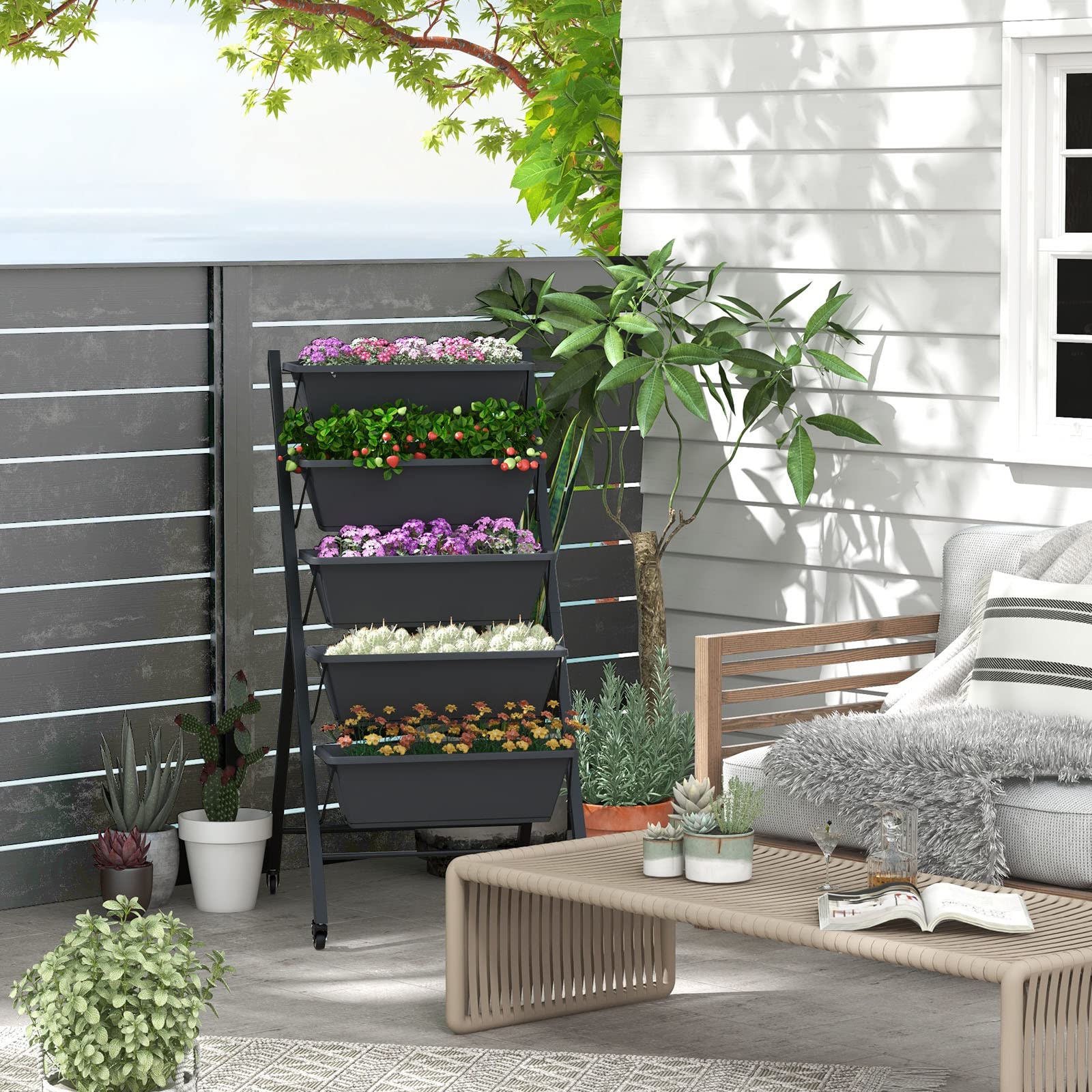 RELAX4LIFE Vertikalbeet mit 5 Blumenkästen, Vertikales Hochbeet mit 5 Etagen, Kräuterbeet mit Feststellbaren Rädern & Metallrahmen, Mobile Pflanztreppe für Balkon Garten (Schwarz, 68 x 57 x 117 cm)