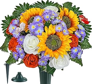 Artificial Cemetery Flowers for Grave,Memorial Flowers Bouquet with Vase for Headstones Decoration,Bright and Vibrant Sunflower Rose Daisy