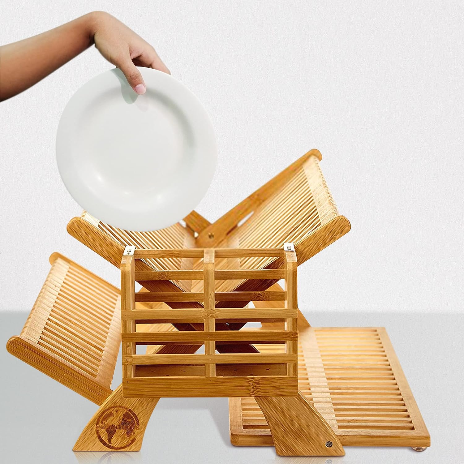 Earth's Dreams Bamboo Foldable Dish Drying Rack - Dual Tier for Plates Collapsible Dish Drying Rack - Kitchen Counter Wooden Dish Rack - Compact, Space Saver - Ideal Gift