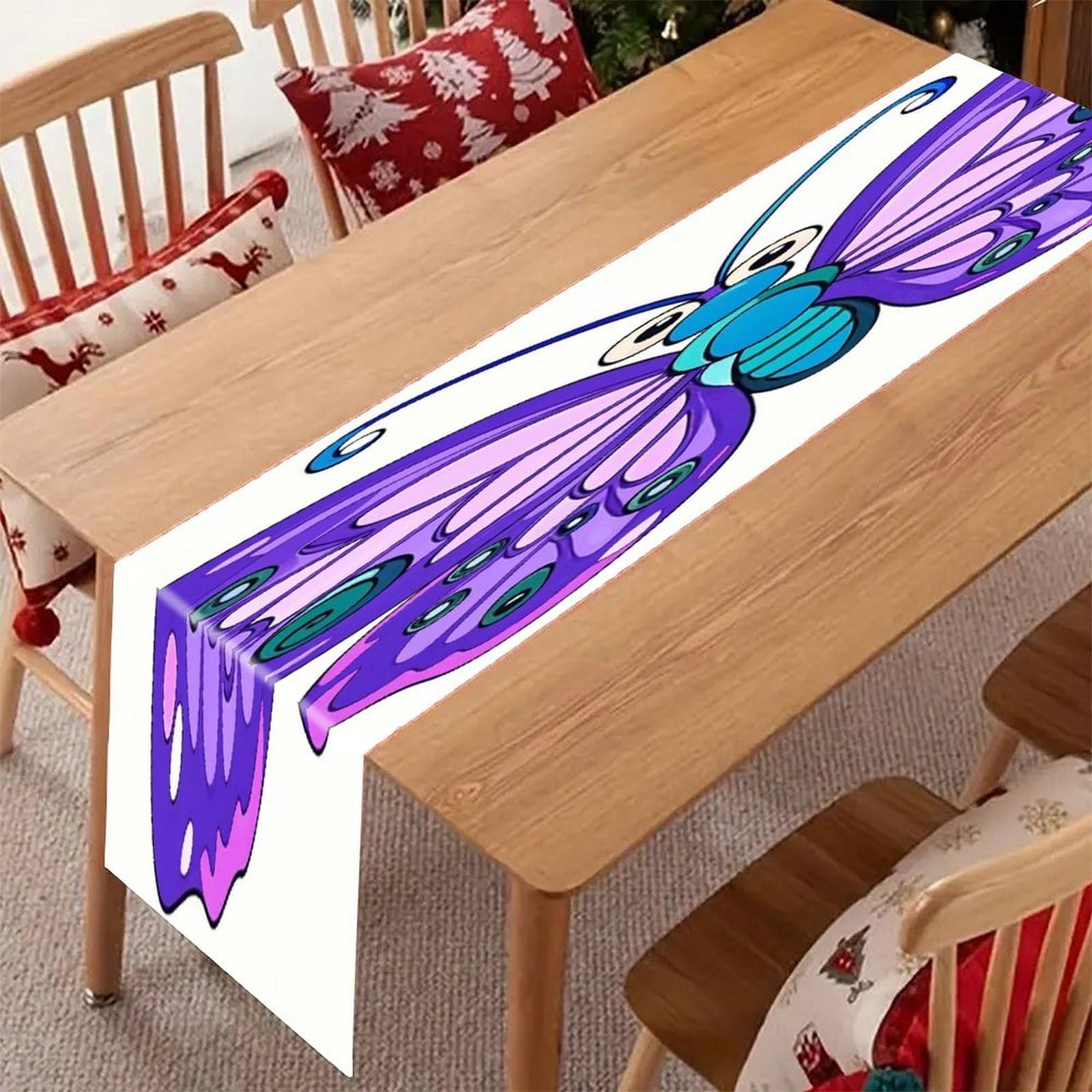 Purple Butterfly Table Runner Modern Art Farmhouse Linen Table Runner Dresser Scarf Seasonal Kitchen Dining Table Decoration Dresser Scarves for Home Party Decor 13x70 Inch