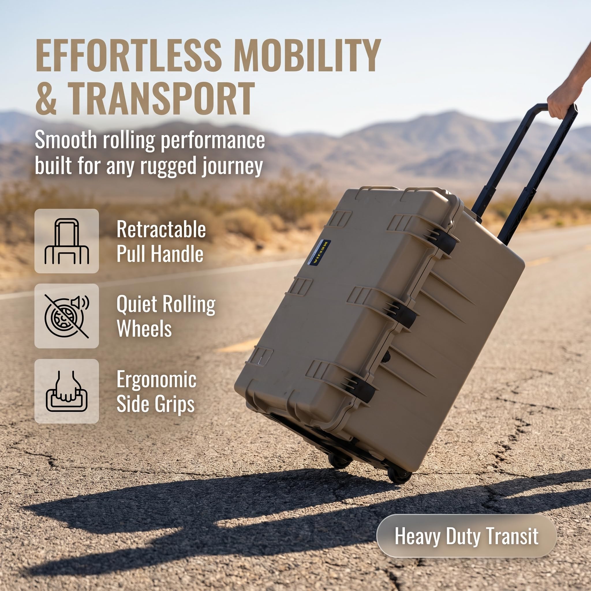 MEIJIA Custodia per fotocamera portatile impermeabile per tutte le stagioni, in schiuma, personalizzabile con ruote girevoli e maniglia retrattile, 84,45 x 62 x 49 cm (Desert Tan)