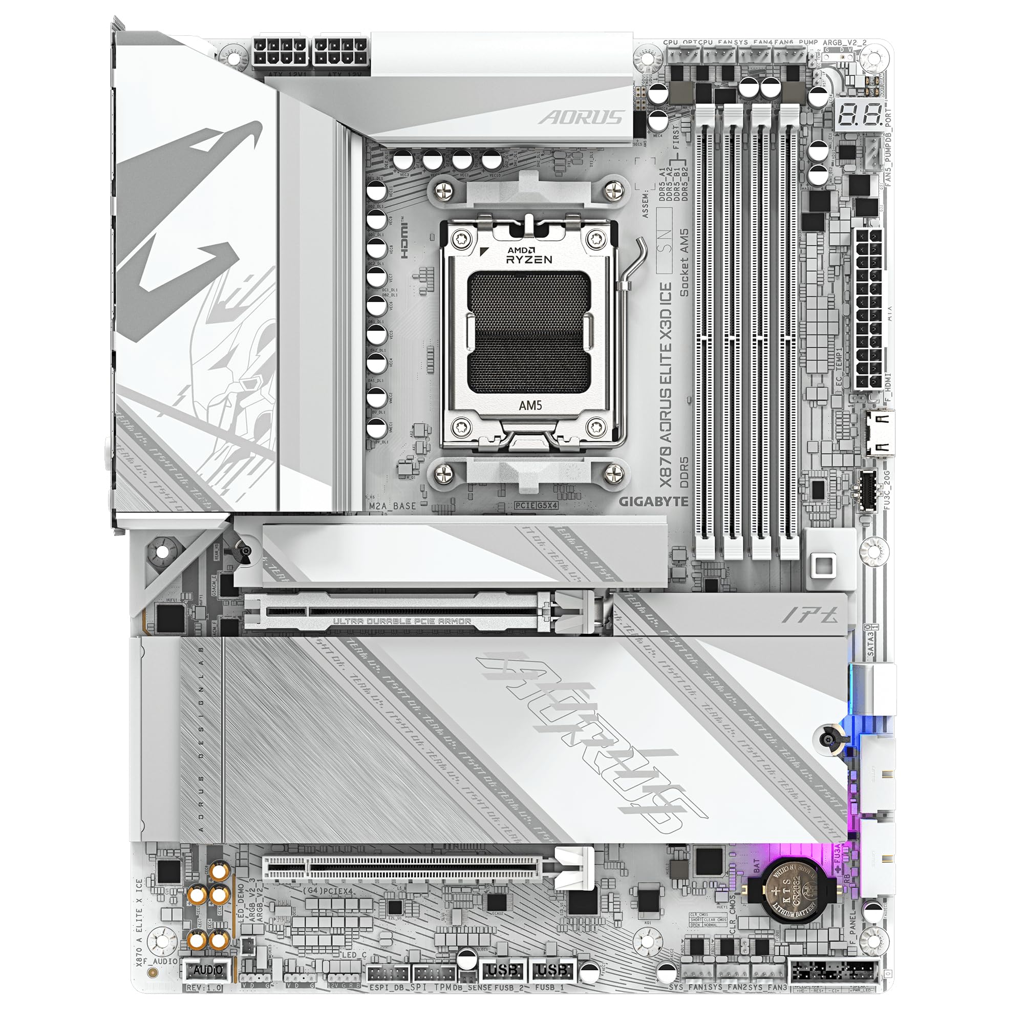 GIGABYTE Płyta główna X870 AORUS ELITE X3D ICE - obsługuje procesory AMD Ryzen 9000, 16+2+2-fazowy cyfrowy VRM, do 9000 Hz DDR5 (OC), 2xPCIe 5.0 + 2xPCIe 4.0, Wi-Fi 7, 2.5 GbE LAN, USB 4