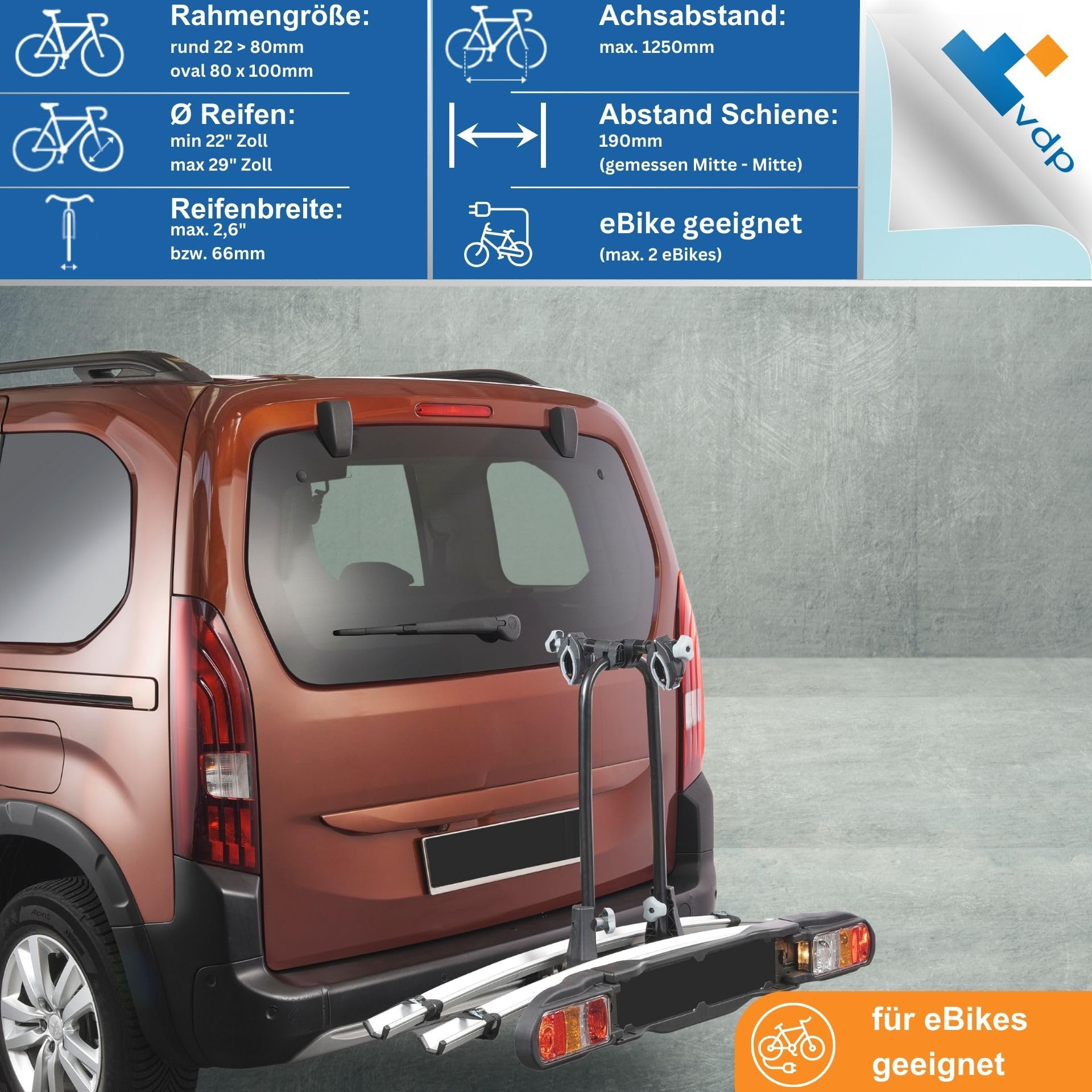 VDP Portabicicletas E-Bike para 2 Bicicletas - Carga de 60 kg - Testado por TÜV