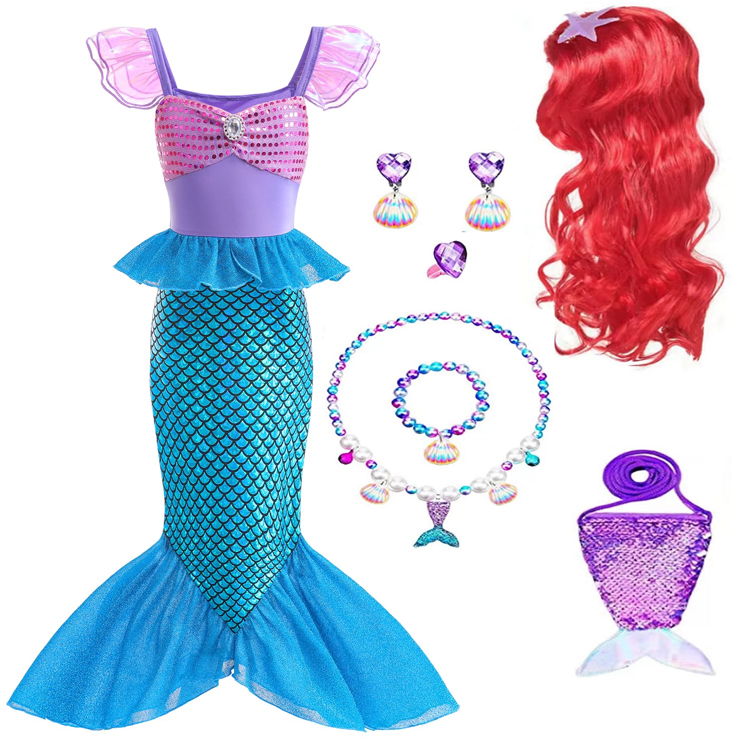 AODOKAT Little Girls Mermaid Costume Kids Princess Mermaid Ariel Costumes Set with Accessories For Fancy Dress Up Cosplay Party Outfits Halloween Carnival (Dress With Accessories, 150)