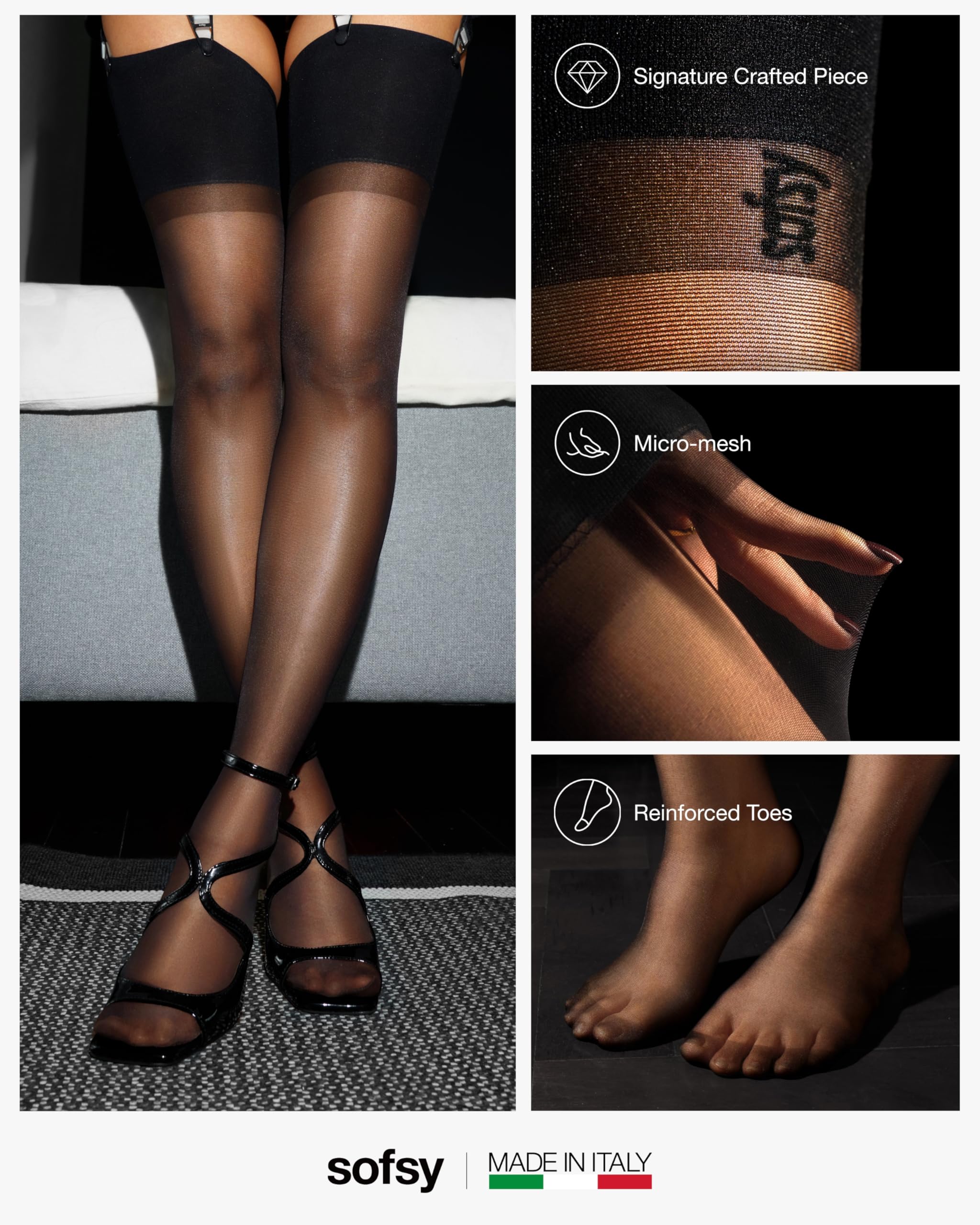 sofsy Collants porte-jarretelles italiennes transparents pour femme 15 deniers | bas de cuisse élégants et doux (porte-jarretelles non inclus)