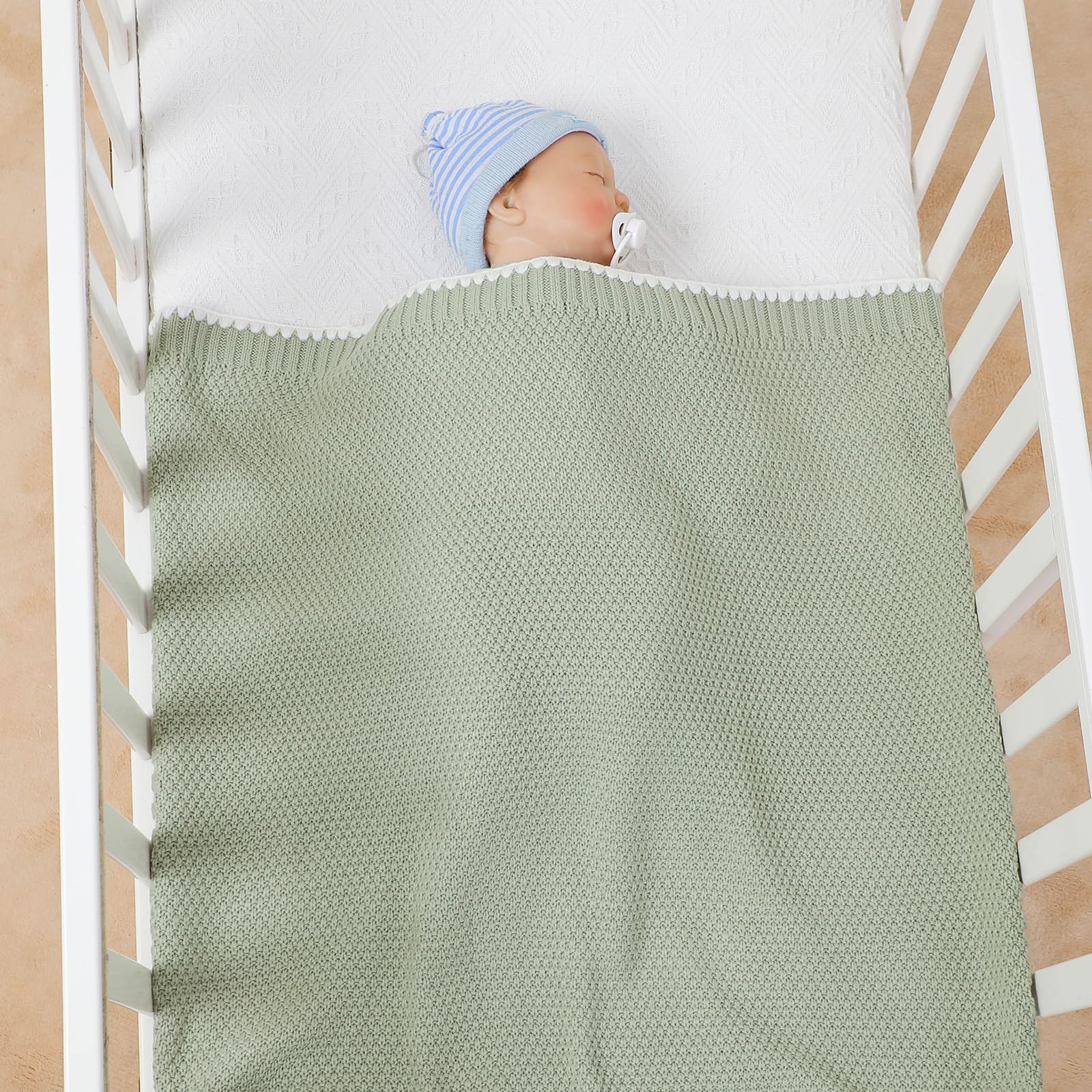 Neiwech Cellular Baby Blanket Knitted Cozy Soft Crib Stroller Receiving Swaddle Blankets for Newborn Boys Girls 100 * 80cm Green - Image 3