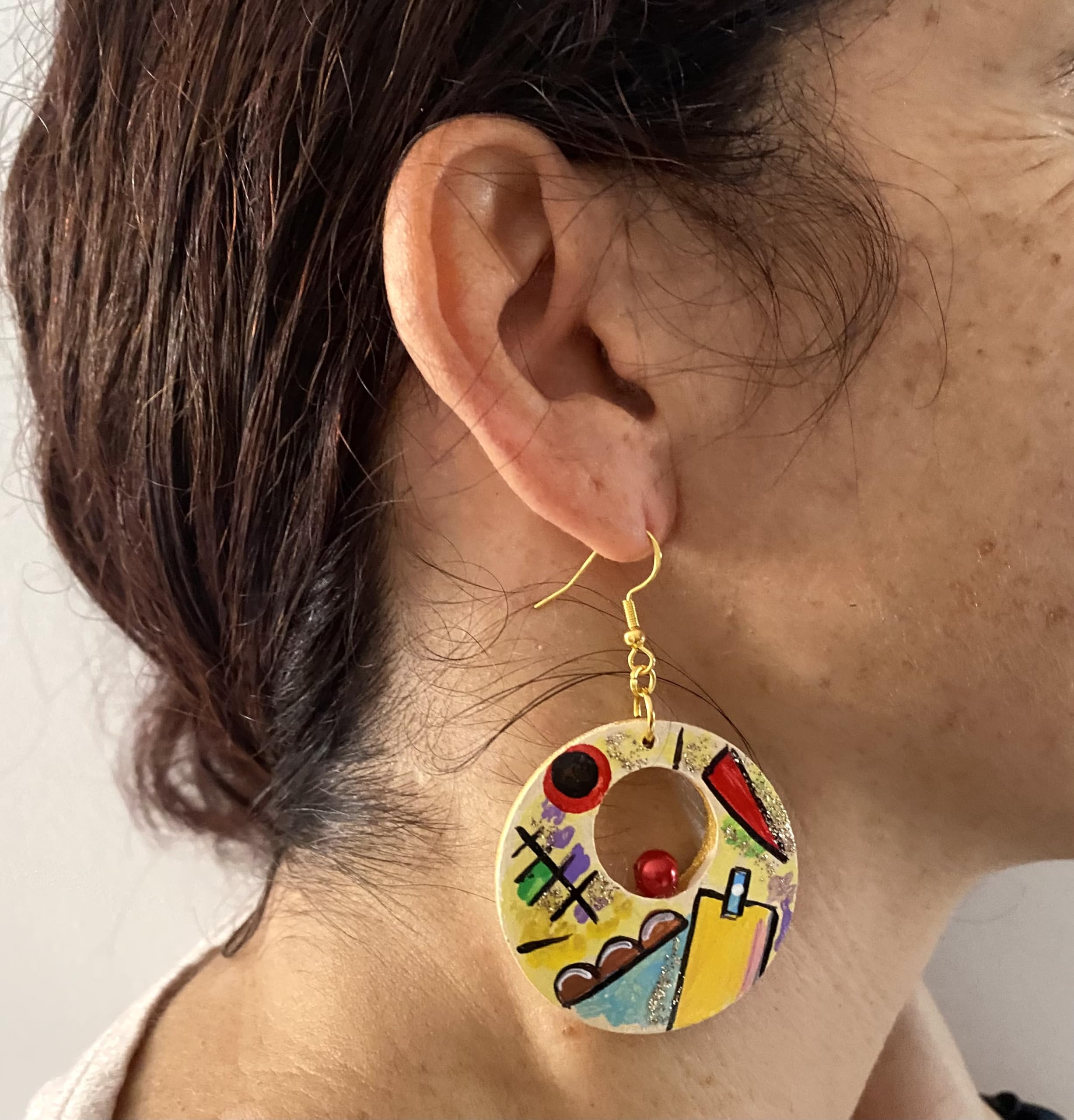 Boucles d'oreilles peintes à la main - BLEU, JAUNE, ROUGE PAR KANDINSKIJ - Boucles d'oreilles pour femmes, Bijoux en bois peint, Crochet en argent, Made in Italy, Bijoux, Artisanat