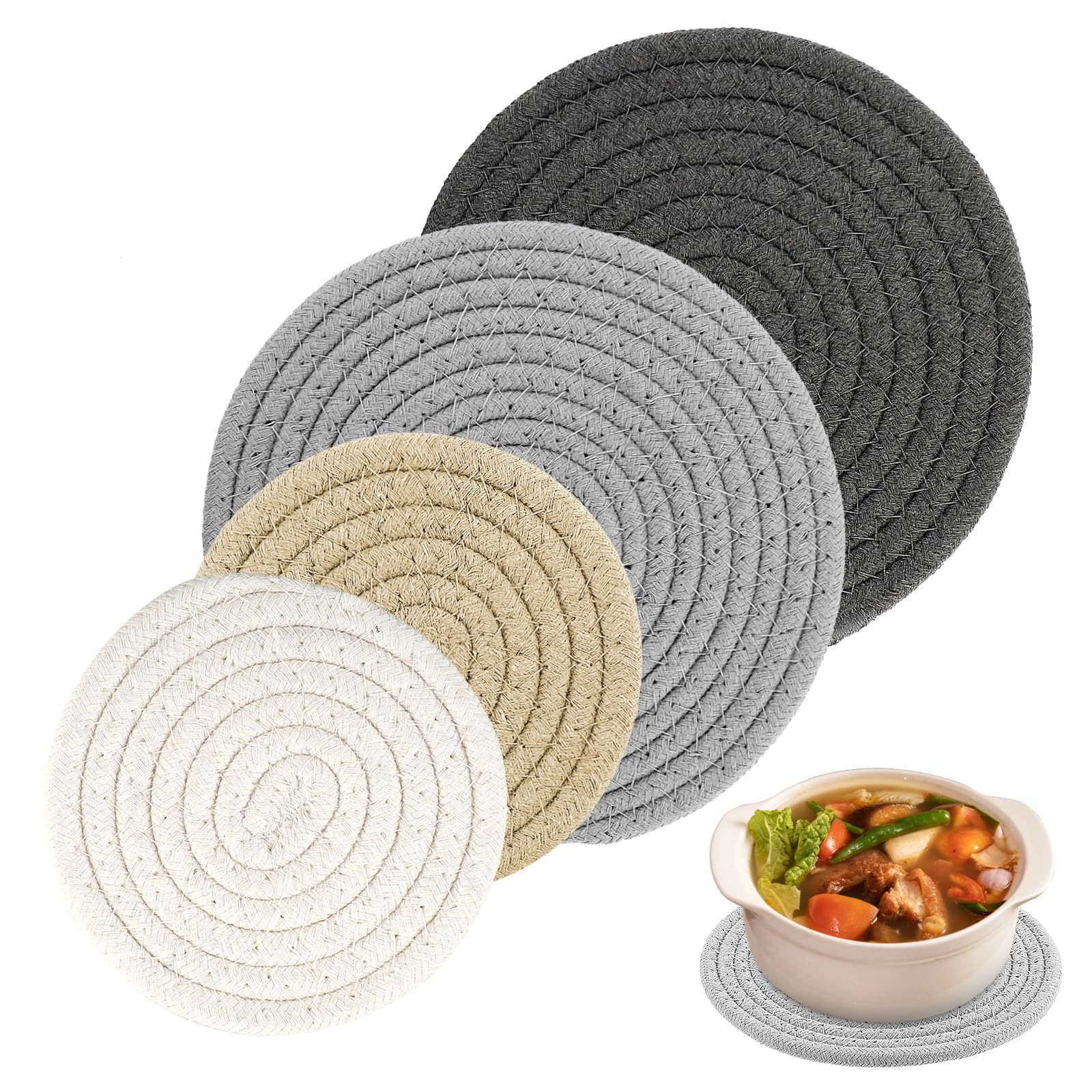 Sottopentola da 5 pezzi: set di presine rotonde intrecciate, 100% cotone intrecciato, sottobicchieri, tovagliette per cucinare e cuocere una da 20 cm e quattro da 17,8 cm