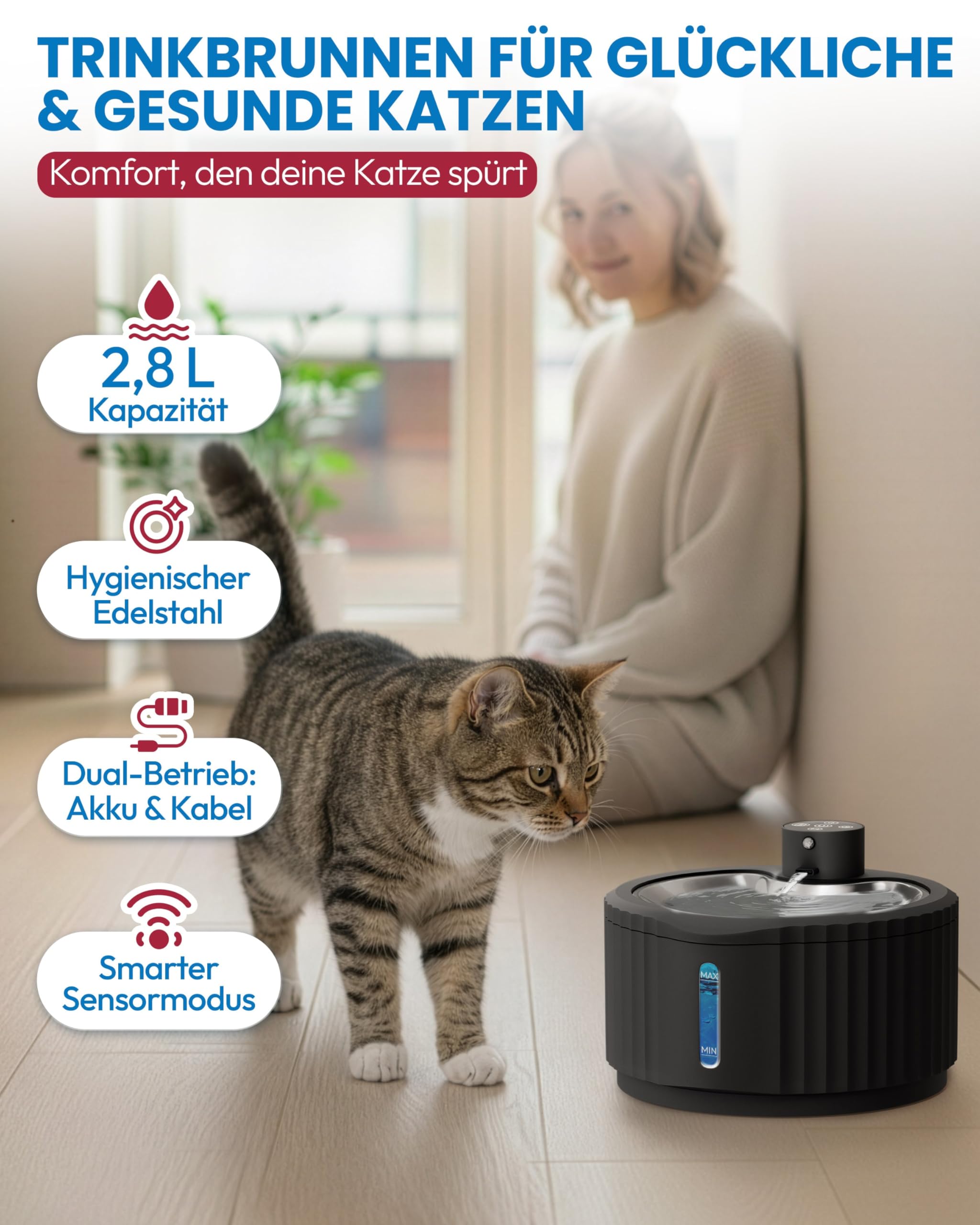 Miaura Katzenbrunnen kabellos leise 2.8L Bewegungsmelder Akkulaufzeit