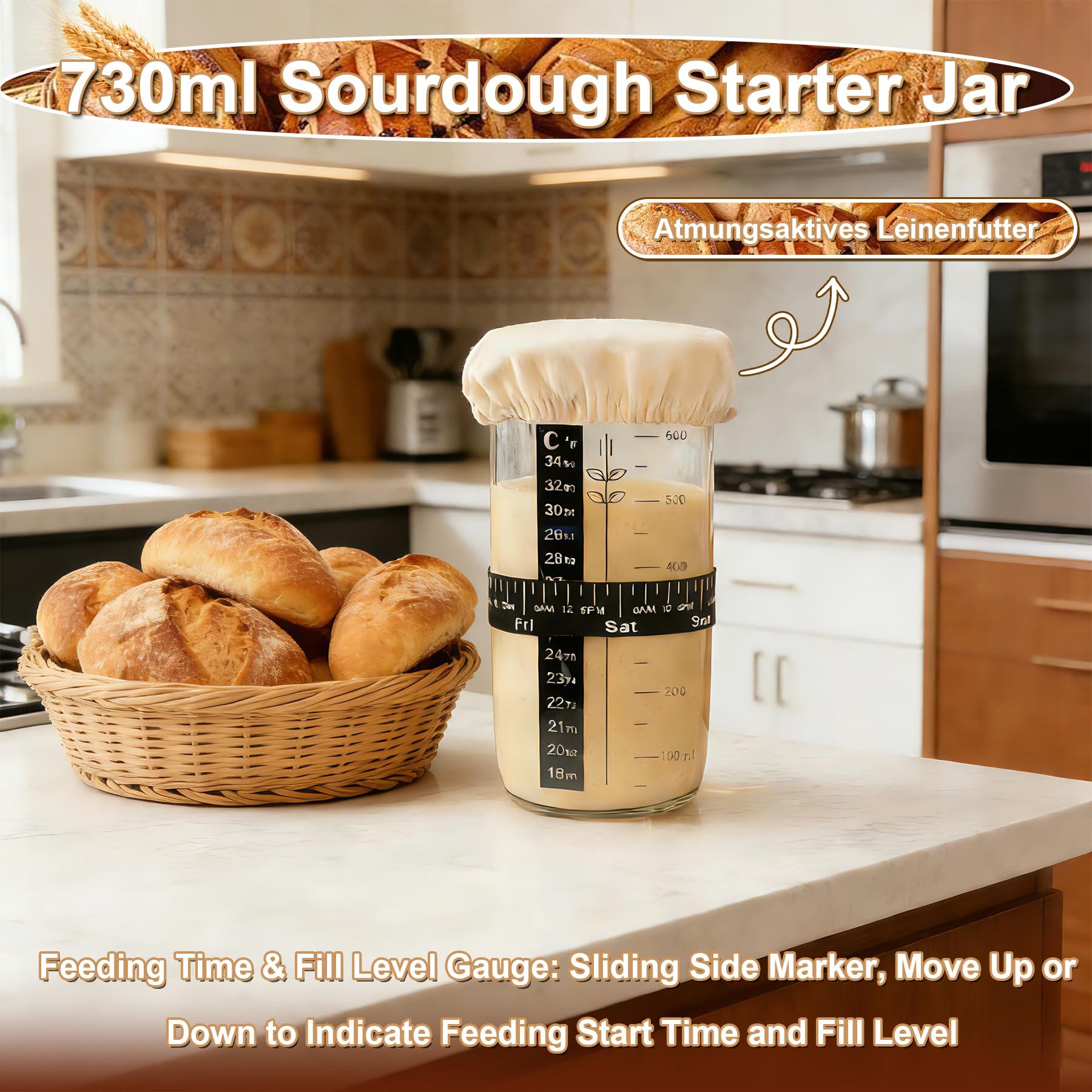 10 Stück Sauerteig Starter Set, 23 cm runde und 25 cm ovale Gärkörbchen, 730 ml Gärgläser, Teigbackzubehör für knusprige Krusten, geeignet für Anfänger und erfahrene Bäcker