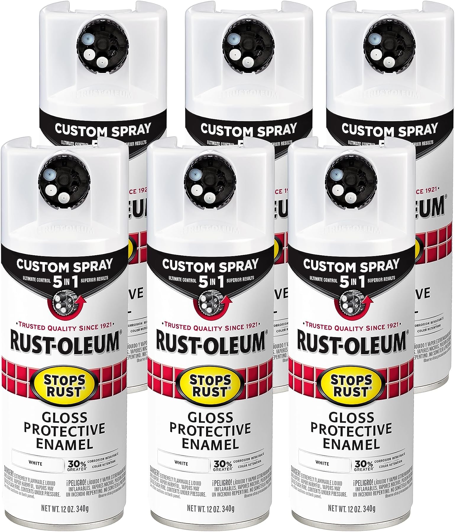 Rust-Oleum 376886-6PK Stops Rust Custom Spray 5-in-1 Spray Paint, 12 oz, Gloss White, (Pack of 6)