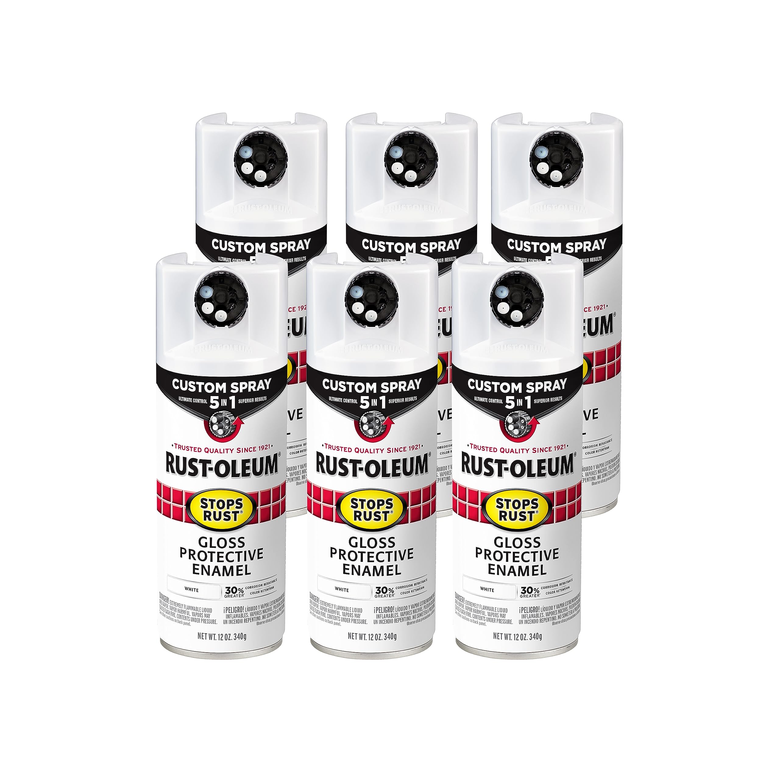 Rust-Oleum 376886-6PK Stops Rust Custom Spray 5-in-1 Spray Paint, 12 oz, Gloss White, (Pack of 6)