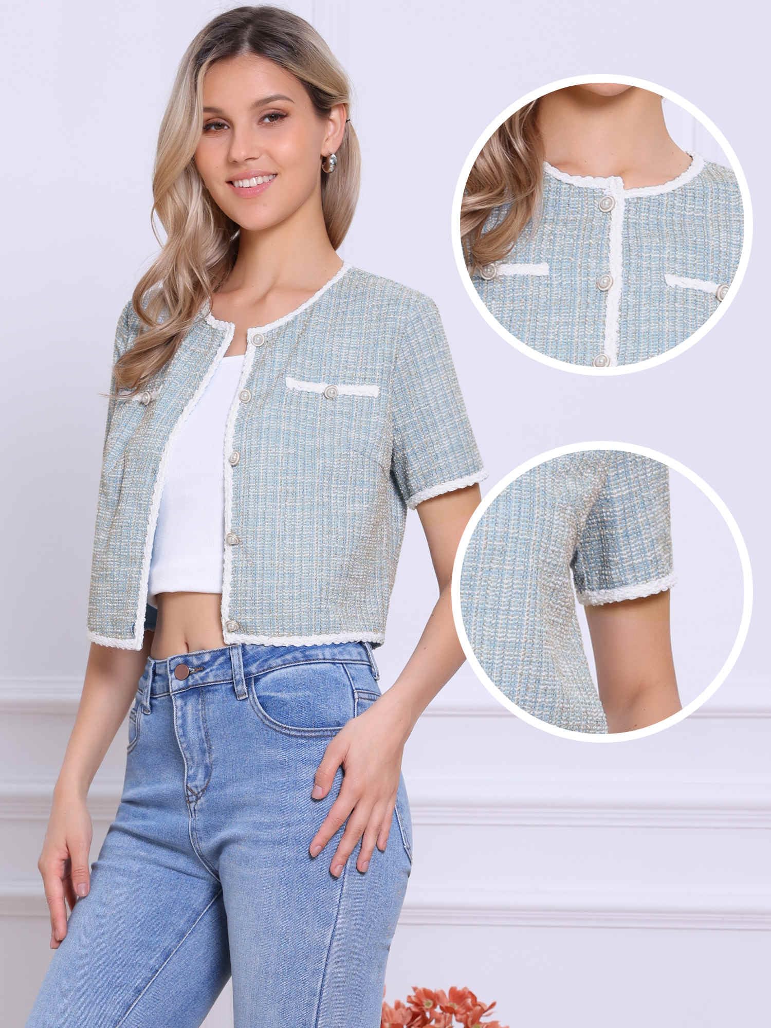 Allegra K Veste d'été à manches courtes en tweed pour femme, col rond, boutons sur le devant