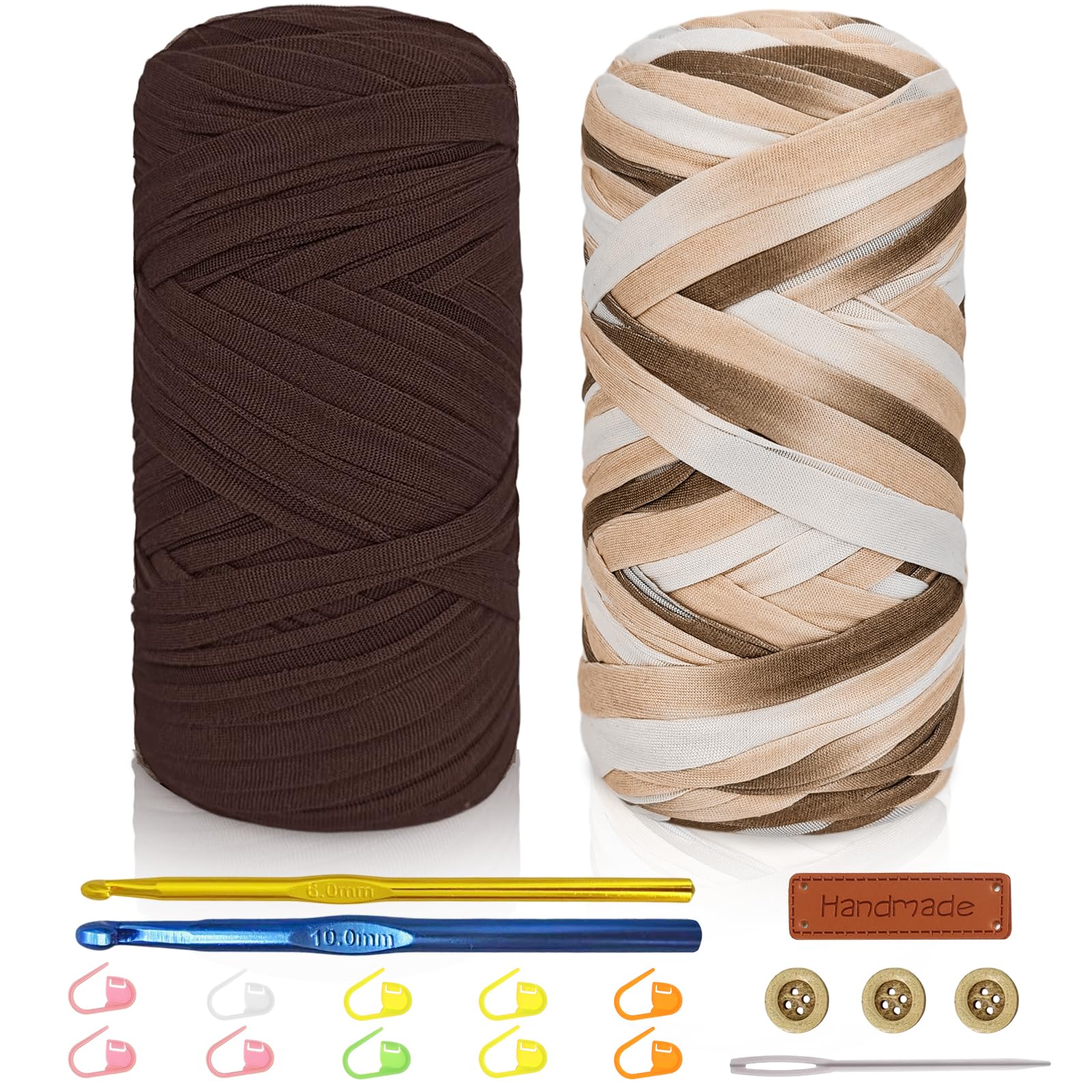 Tshirt Yarn Crochet Kit 2x200g Chunky Yarn for Crocheting with 6mm & 10mm Hooks + Accessories, Rich Color Combinations - Suitable for Beginners, Ideal for Making Bags, Home Decor（Brown-2）