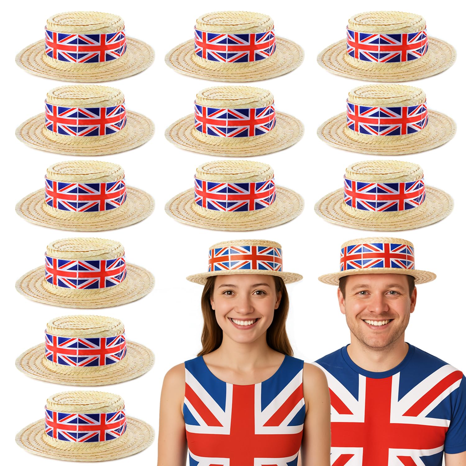 Union Jack Boater Hats - Pack of 12 - Straw Boater Hats with Union Jack Flag Band - King's Coronation, VE Day, Jubilee Events, Street Party Fancy Dress Accessory