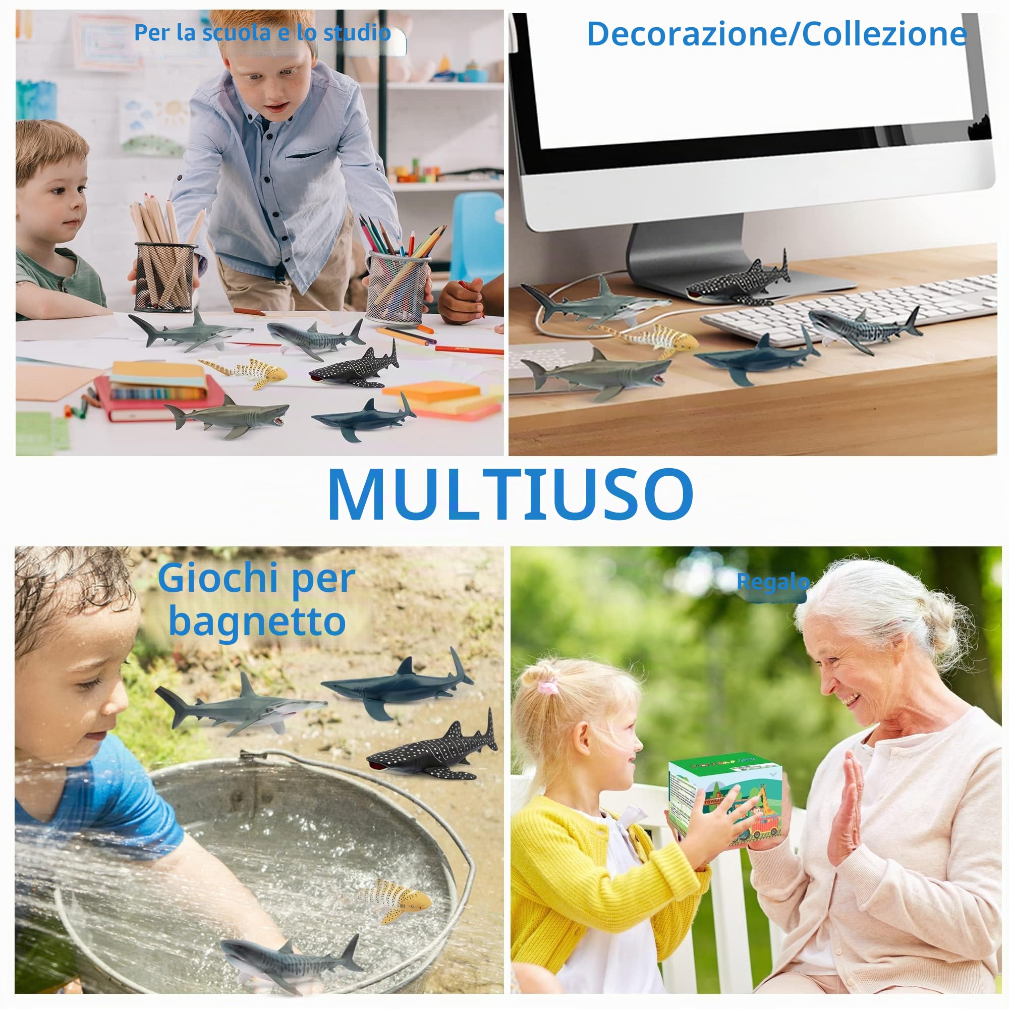 TOYMANY Set di 6 personaggi di squalo con animali marini, giocattolo da 12 a 14 cm, realistico, giocattolo di squalo per bambini, per giocare o come decorazione