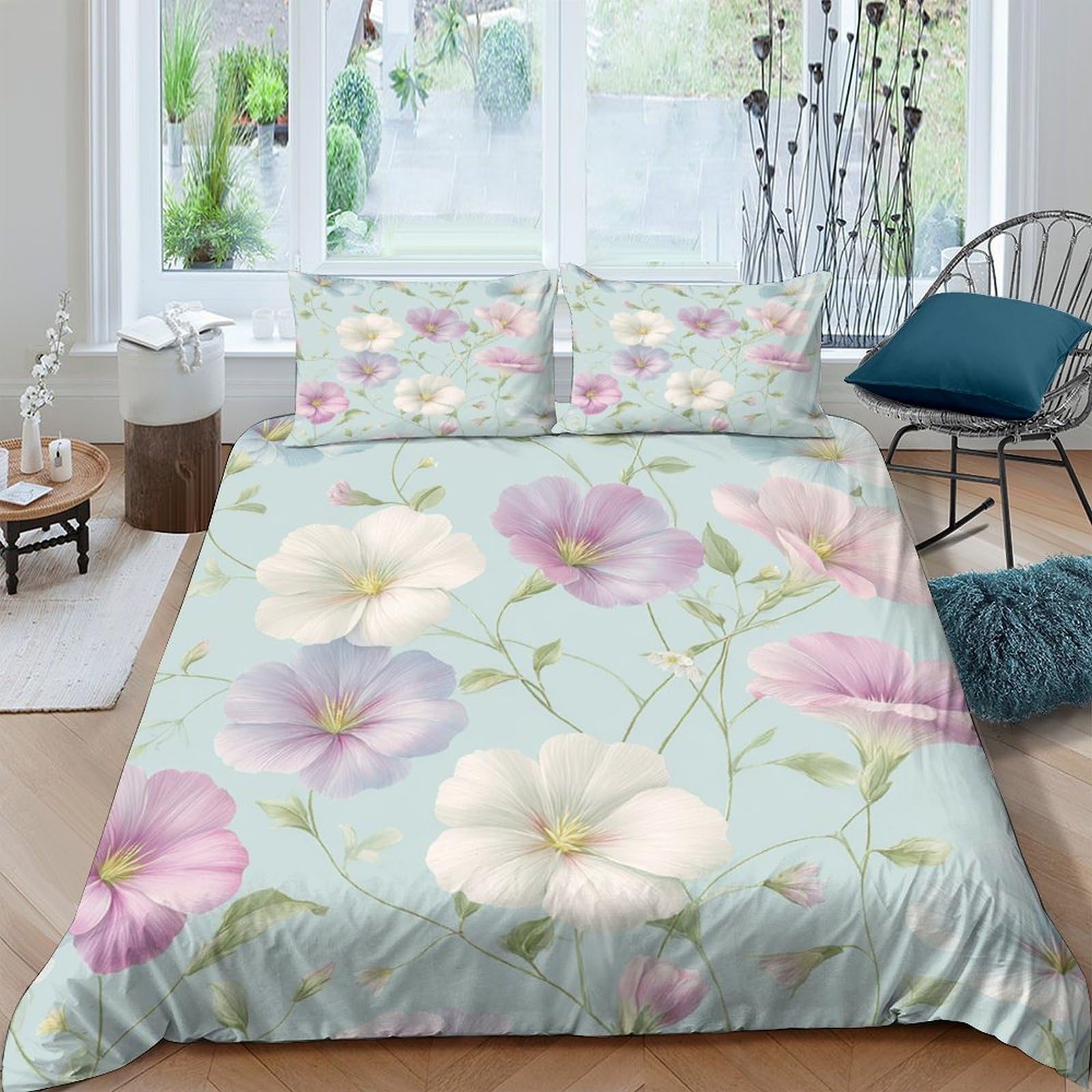 GPLZQXKJNH 3D Printed Pastel Floral Duvet Cover Microfiber Soft Breathable Watercolor Blossom Bedding Set with 2 Pillowcases for Bedroom Decor, Single（135x200cm）