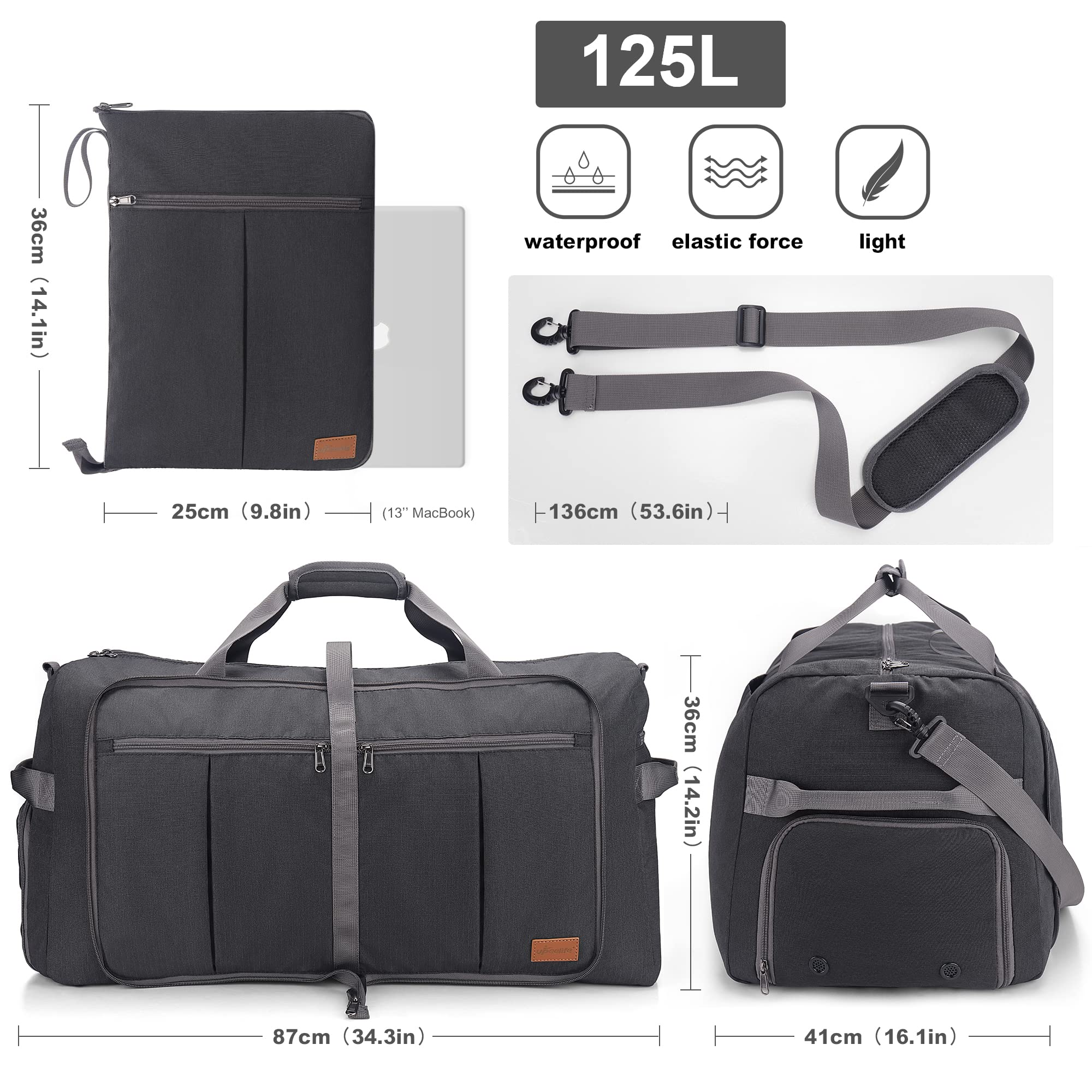 Upeelife Borsone da Viaggio, 125L Borsa da Viaggio Pieghevole Uomo Donna, Borsone Palestra Sportivo Impermeabile con Scomparto per Scarpe e Tasca Bagnata