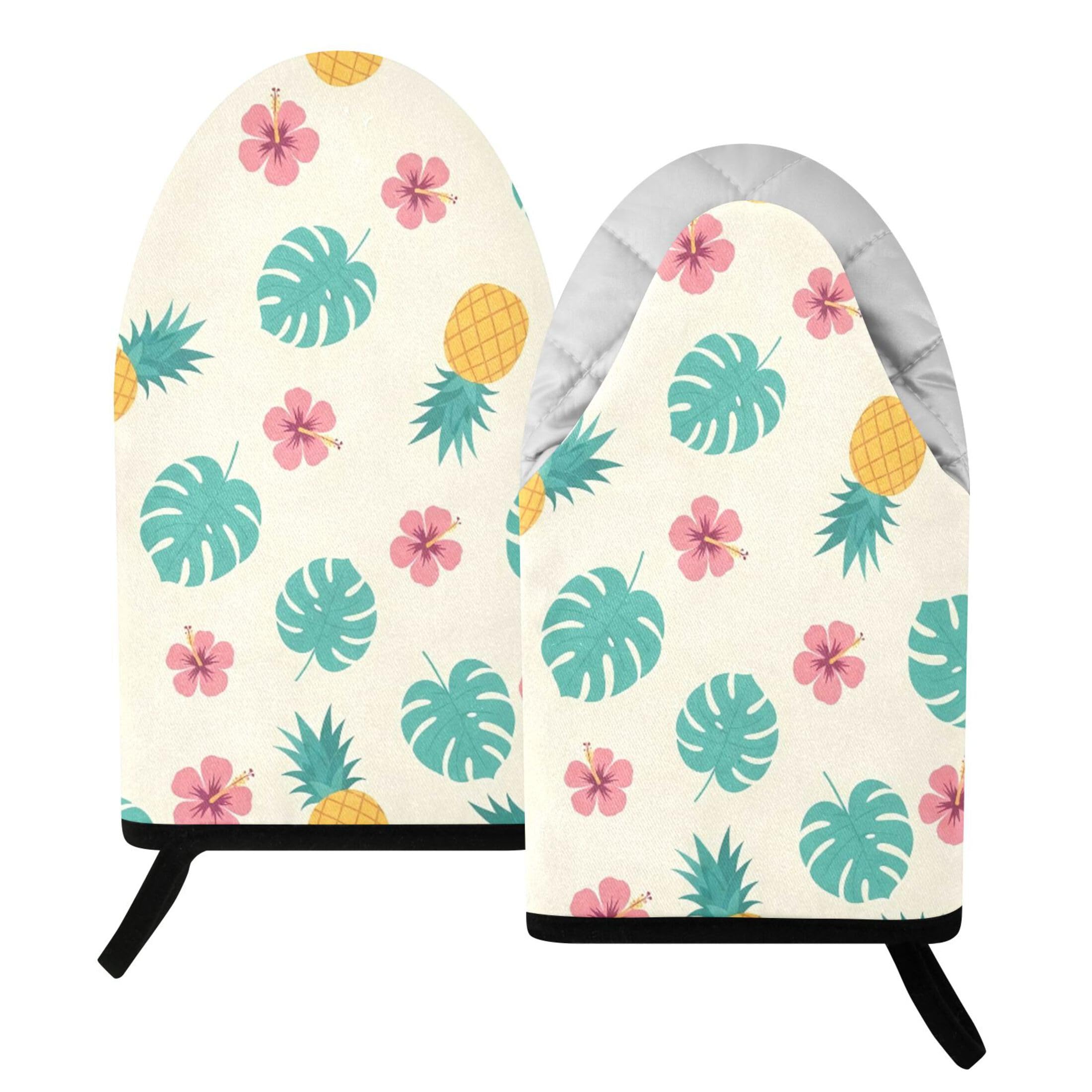 Fuauuyl Oven Mitts Heat Resistant Kitchen Gloves, Pineapples Monstera Leaves Classic Oven Gloves with Hanging Loop for Baking BBQ Cooking Grilling, 1 Pair, 9.5 in