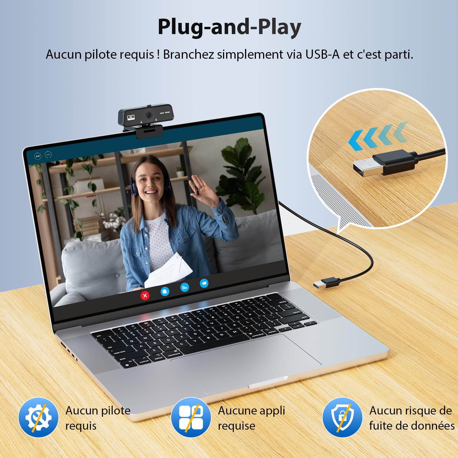 Webcam 4K UHD Autofocus - Caméra USB PC 8MP avec Micro Anti-Bruit Rotatif 360° Socle Ajustable pour Youtube Streaming Skype Appel Vidéo Zoom Plug-and-Play Windows MacOS Linux