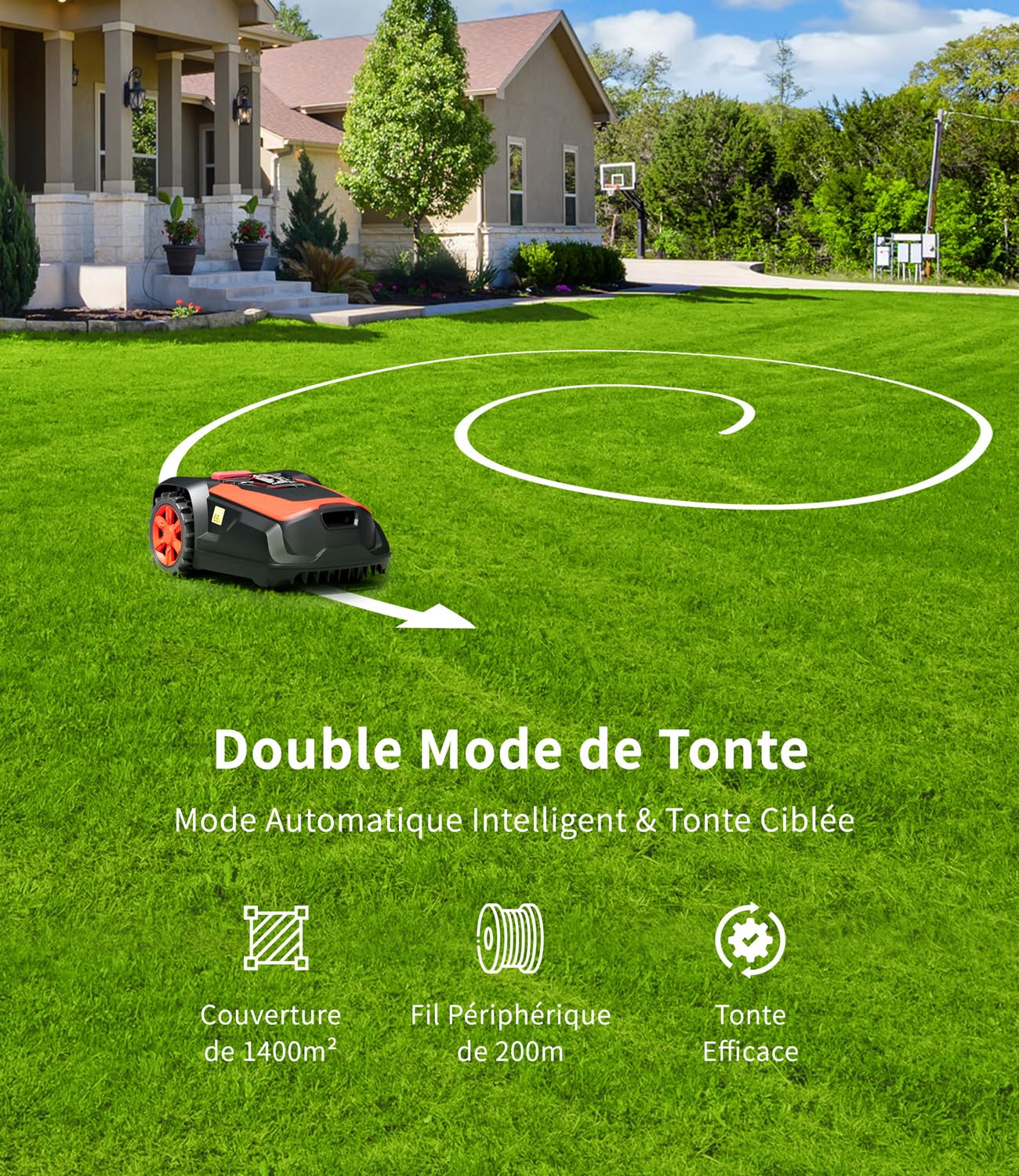 Robot Tondeuse avec Fil Périphérique Jusqu'à 1400 m², Pente de 47%, Hauteur de Coupe 25-65mm, Contrôle Via App, Capteur de Pluie