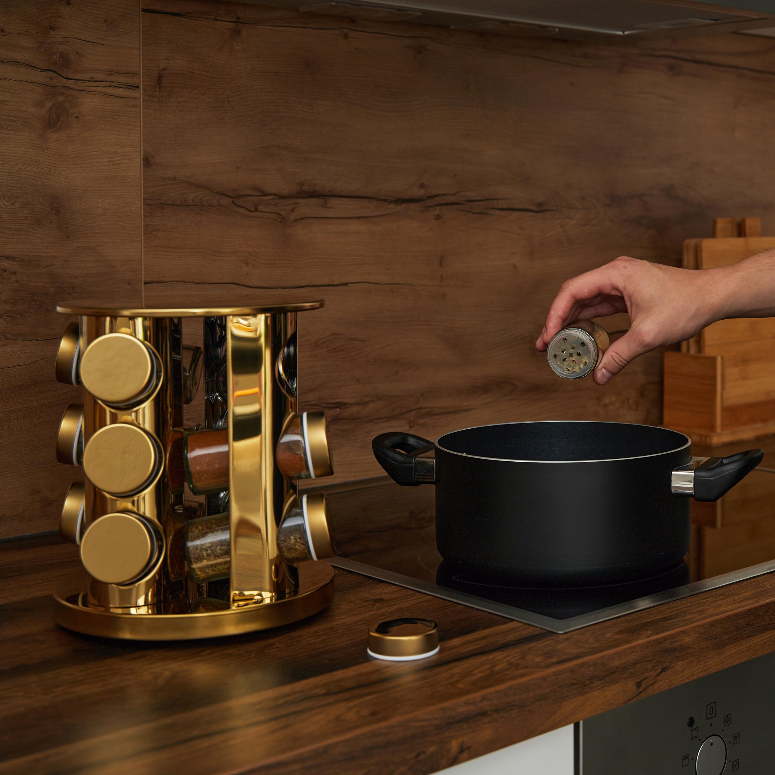 Relaxdays Portaspezie da Cucina, 12 Barattoli, Organizer per Spezie Girevole 360°, Acciaio Inox Vetro, HxD 22x20 cm, Oro