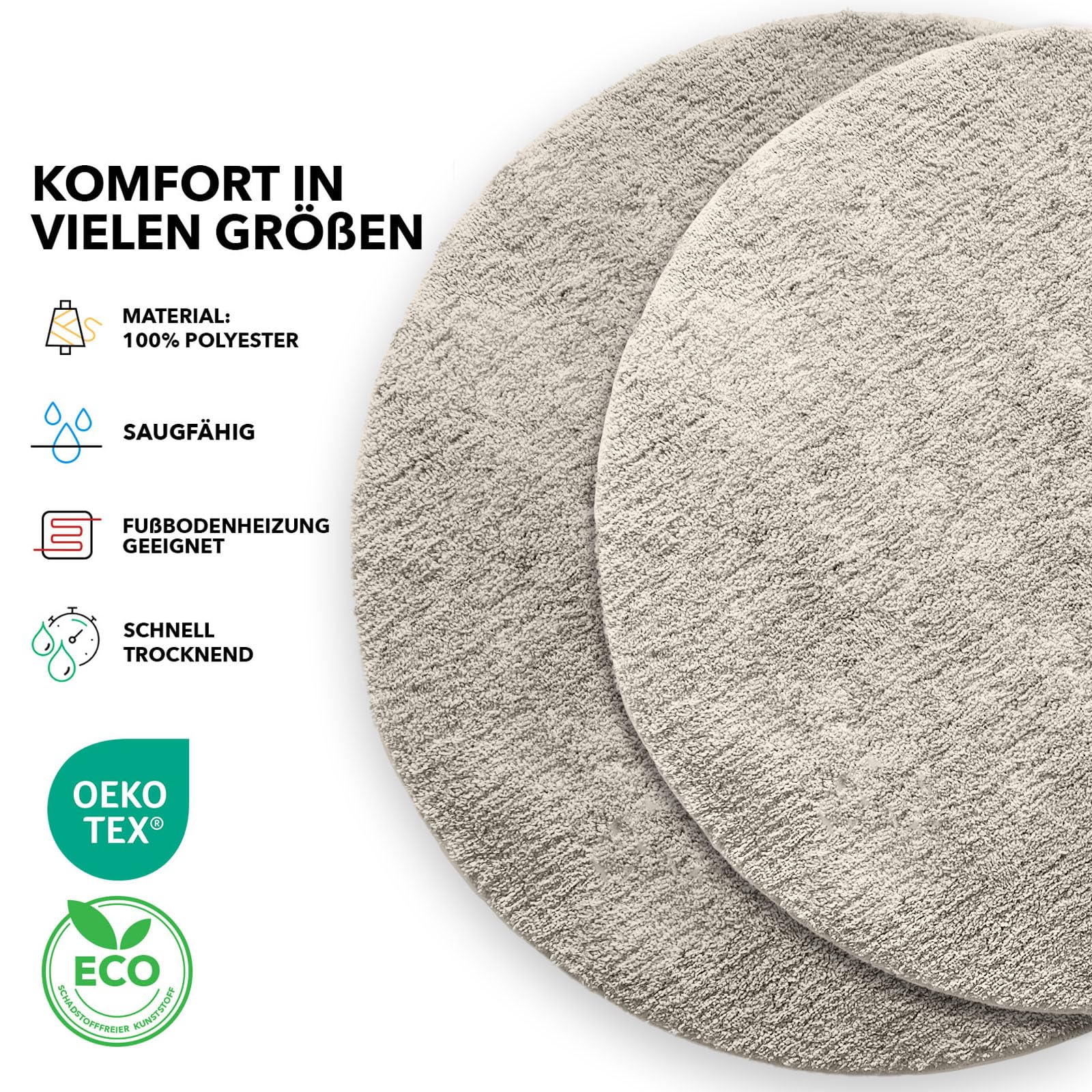 KARAT Badematte Sky, Badteppich in Rund, Dichtes, Flauschiges Wohlgefühl für Ihr Zuhause, Badvorleger rutschfest waschbar, schadstoffgeprüft (Ivory, 120 cm (Rund))