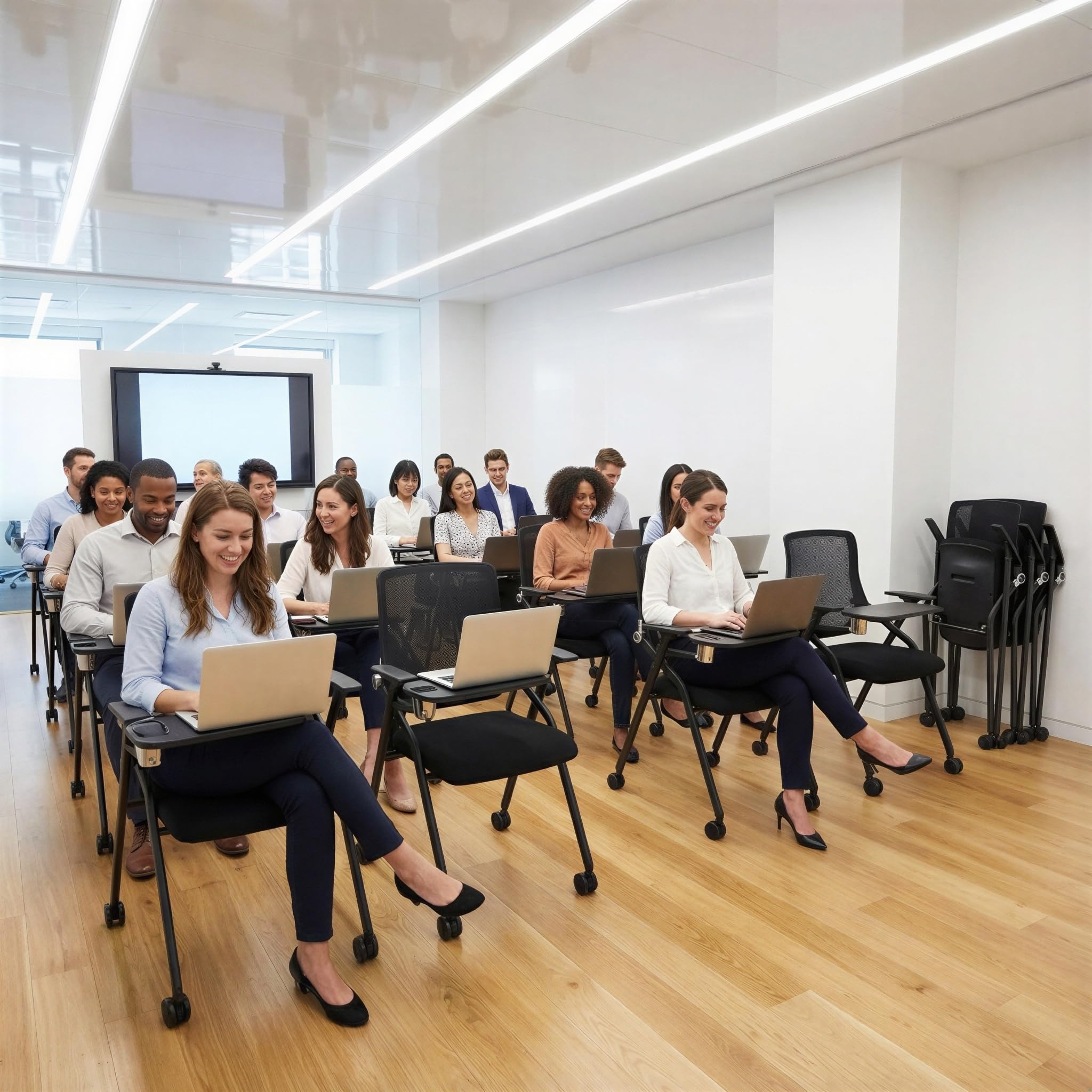 Updated Conference Room Chairs with Tablet Arm, Folding Office Desk Chair with Lumbar Support and Sliding Armrest with Casters, Office Guest Chairs &amp; Reception Chairs, 4 Pack Black