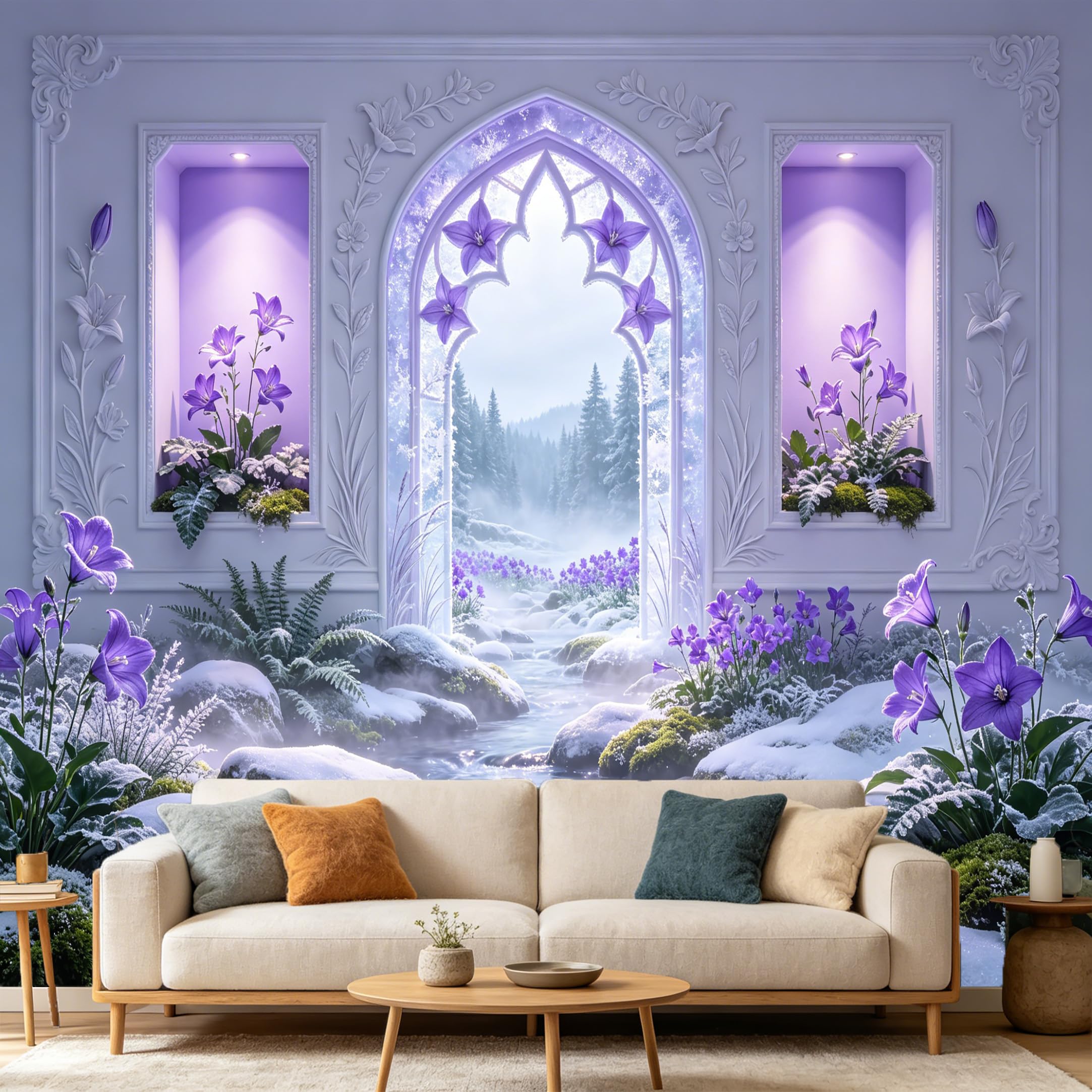 Custom Size Wall Mural， 3D Snowy Archway Purple Flower Stream Landscape， SelfAdhesive Art Prints wall Fabric Removable Large Wallpaper Home Living Room Decor