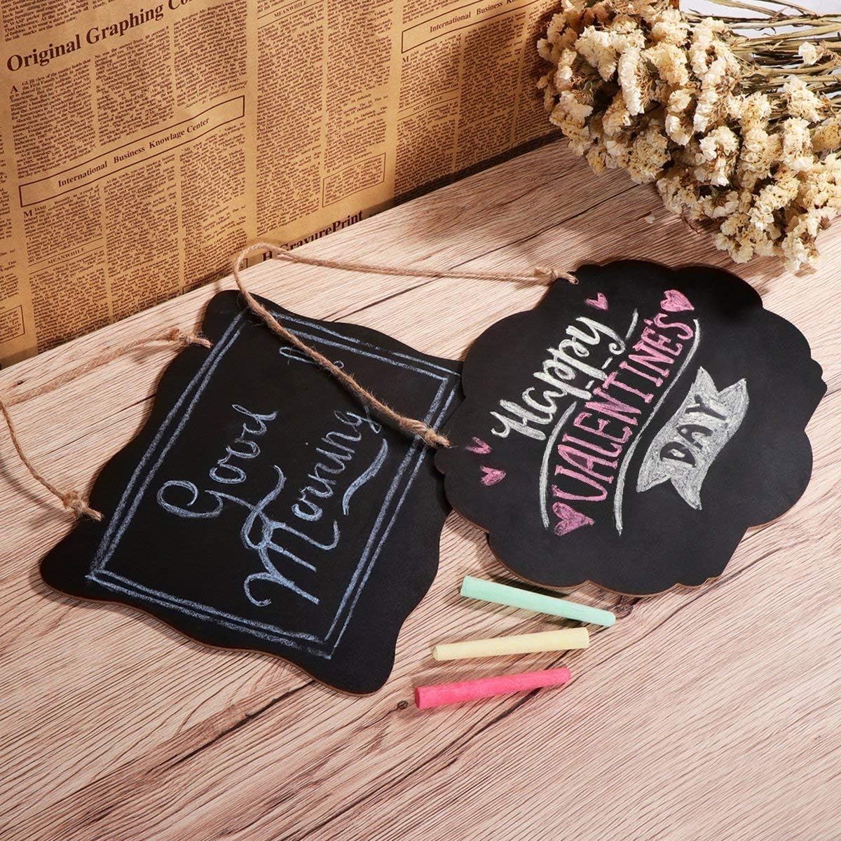 4 Pack 9x7 inch Wooden Double Sided Hanging Chalkboard Signs, Vintage Erasable Message Board Sign with Hanging String for Wedding Kitchen Party Decoration (23 x 18 cm) - Image 4