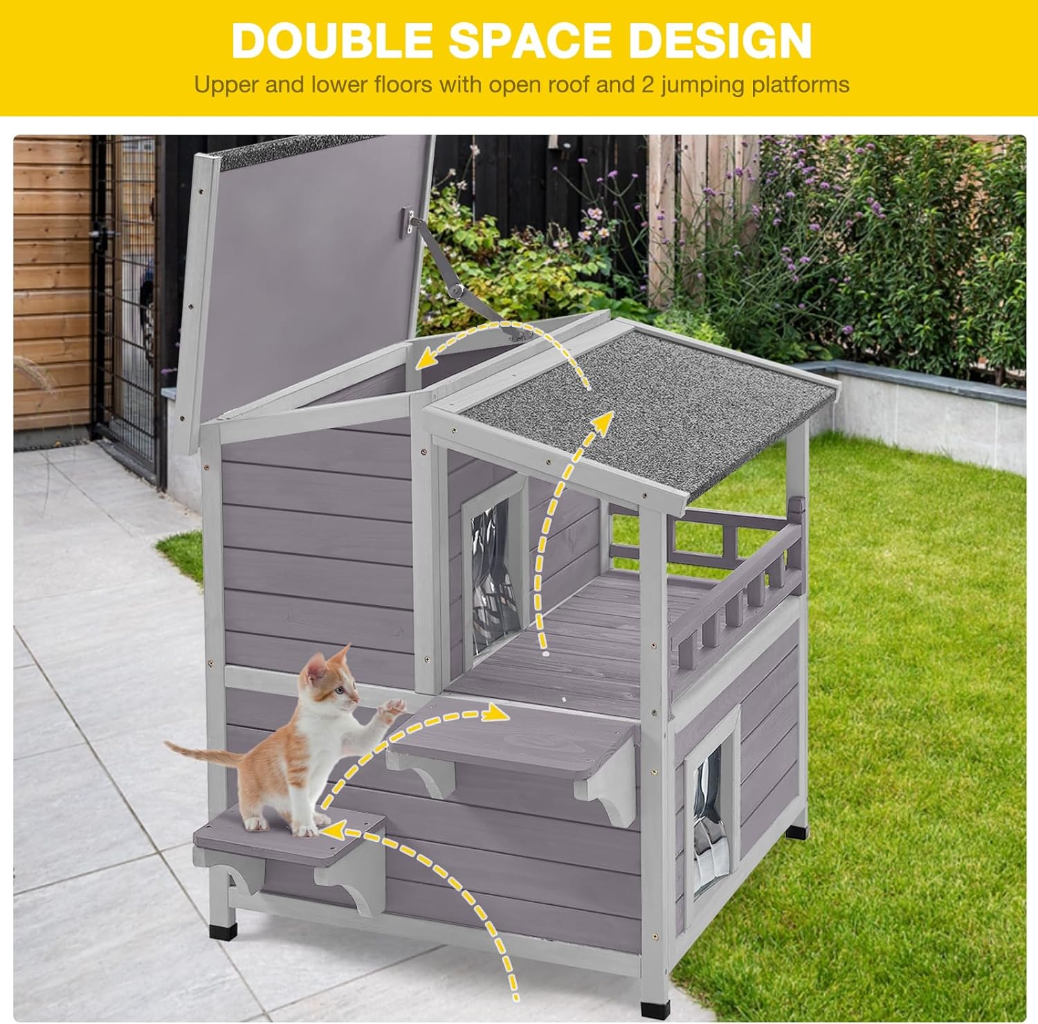 Aivituvin Outdoor Cat House, 2-Story Wooden Cat Shelter with Balcony, Weatherproof Feral Cat Home with Escape Door, Kitten Home Indoor