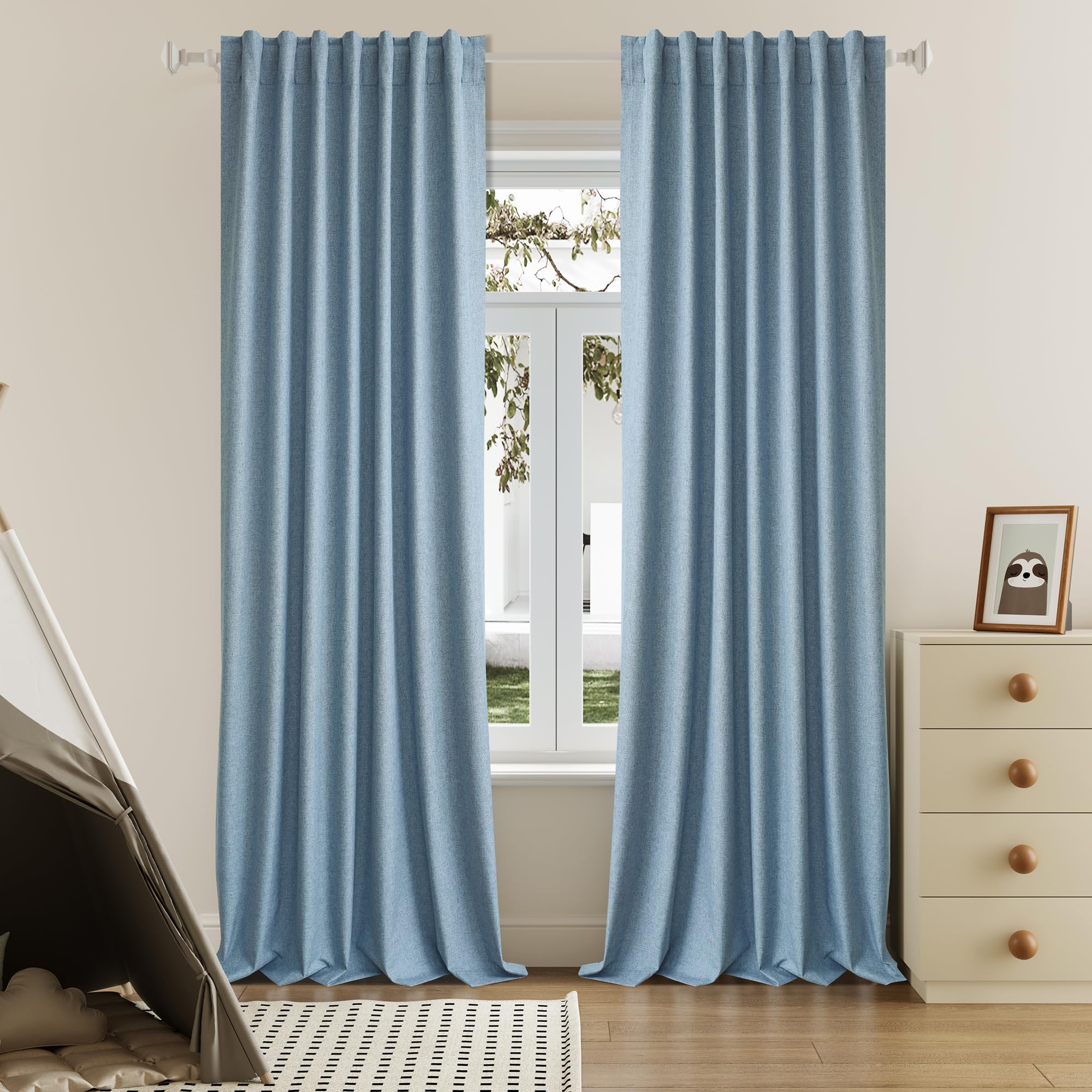 DUALIFE Slate Stone Blue Blackout Curtains 102 Inch Length 2 Panels Set for Living Room Bedroom Rod&Back Tab Thermal Insulated 100% Black Out Linen Drapes Room Darkening Window Curtains 72