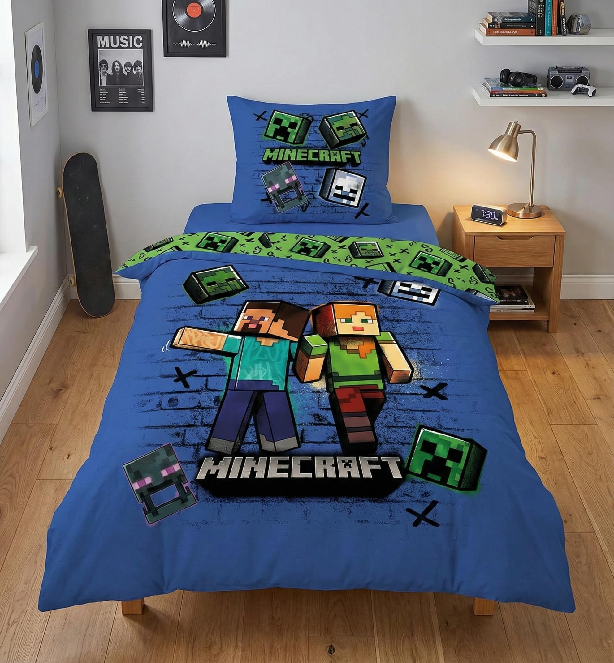 Minecraft Bedding Set – Duvet Cover 140 x 200 cm + Pillowcase 63 x 63 cm – Ultra-Soft Microfibre – Official Steve & Alex Design with Creeper – Reversible Bedding Set for Children/Teens