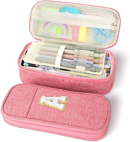 GuanQiao Estuche rosa de gran capacidad bonita bolsa con cremallera para niñas y mujeres. Estilo preppy expandible, organizador de almacenamiento