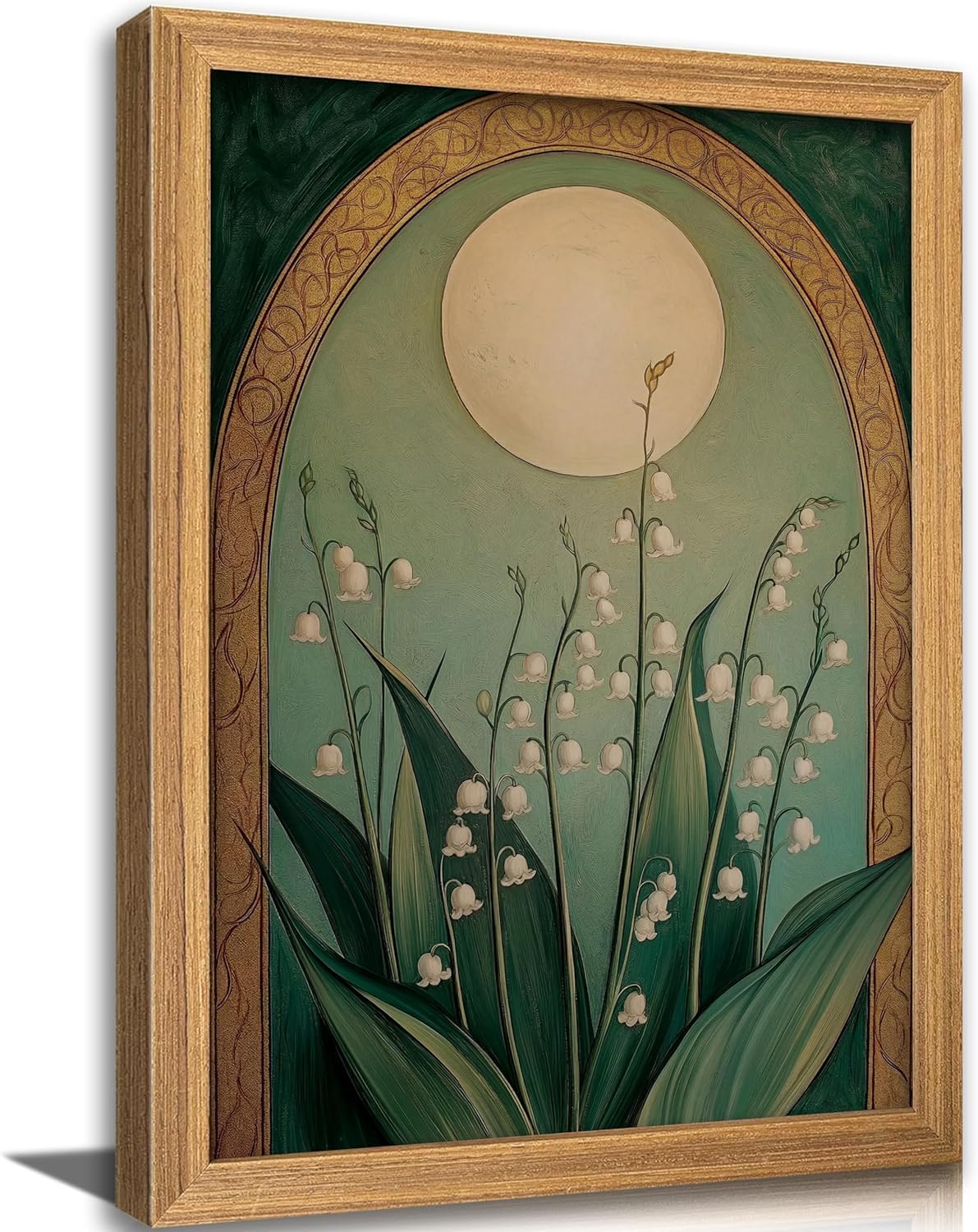 Framed Vintage Floral and Moon Wall Art Emerald Green Lily of the Valley Painting Canvas Prints Elegant Botanical Poster Picture Dark Moody Flowers Spiritual Artwork for Living Room Bedroom Office