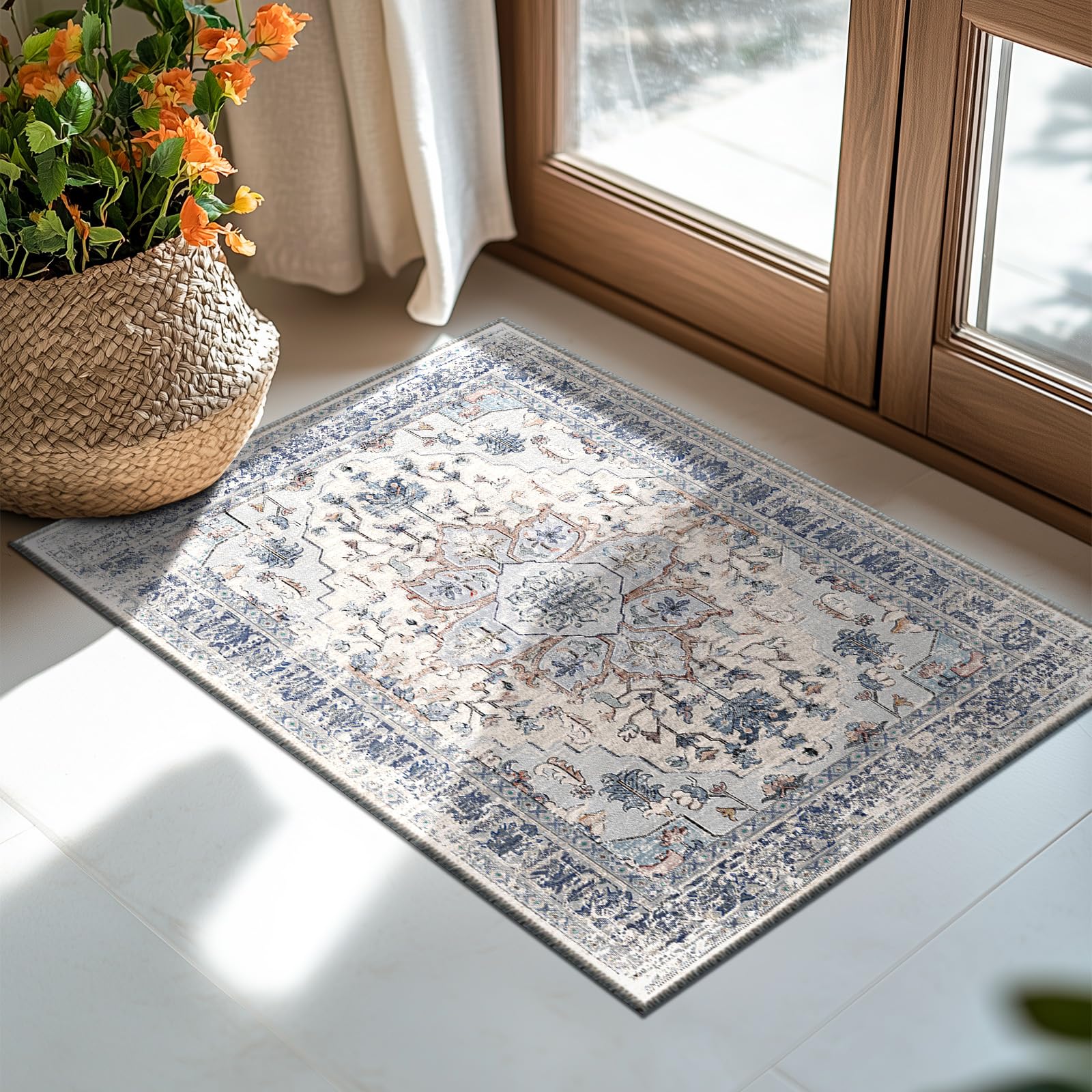 BESTSWEETIE 2x3 Area Rug Washable Rugs for Living Room, No Pile Boho Carpet for Entryway Bedroom Dinning Room, Vintage Carpet Print Distressed