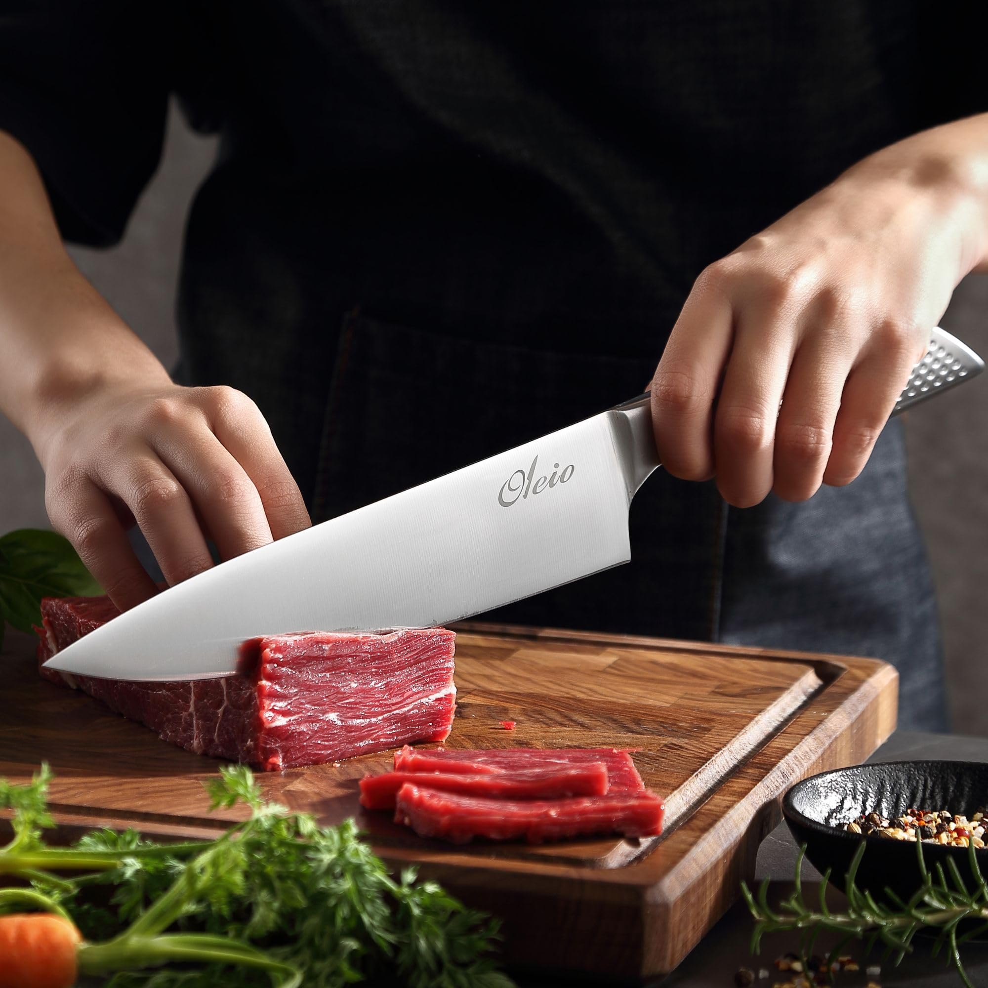Oleio Maestro Bloc à Couteaux 5 Pièces en Acier Inoxydable avec Bloc en Bois d’Acacia et Aiguiseur Intégré | Couteaux de Cuisine Professionnels pour Viande, Légumes et Pain