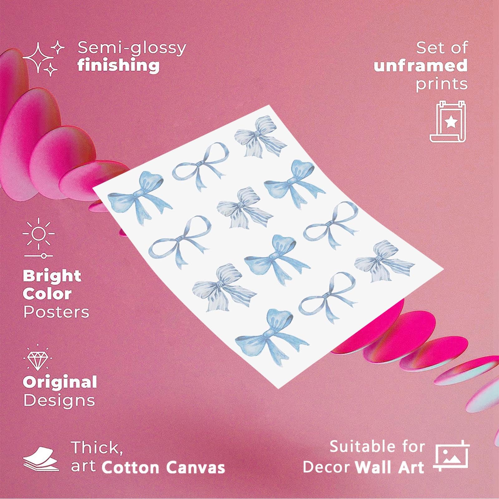 6-Piece Blue Bows Wall Art Set - Coquette Aesthetic Canvas Prints With Cherry & Butterfly Designs